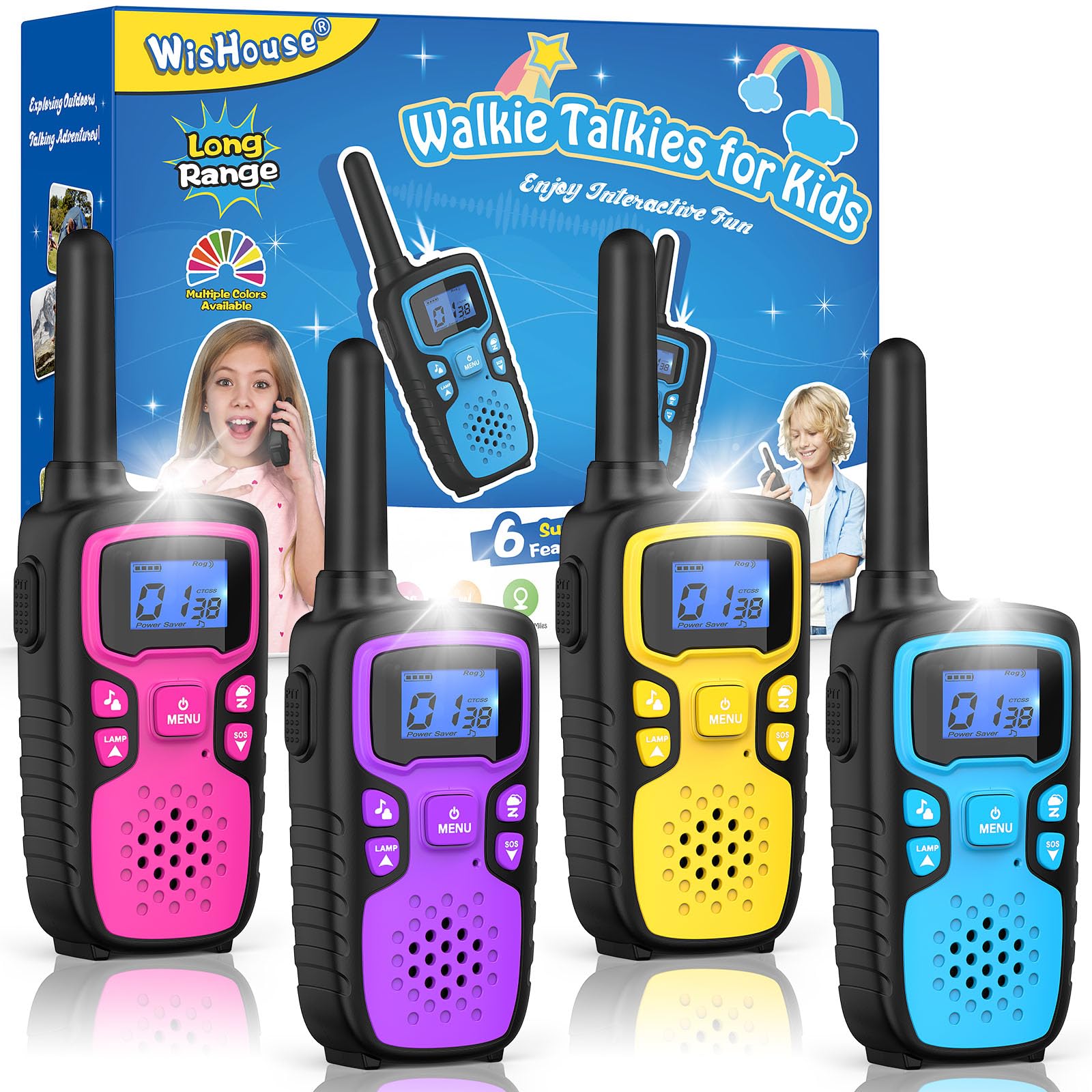 Wishouse Kids Walkie Talkies 4 Pack - Long Range 2-Way Radios for Boys & Girls Ages 4-10, Perfect for Camping, Hiking & Outdoor Adventures - Includes NOAA Weather Alerts, SOS Alarm, LED Flashlight & Lanyard (No Battery/Charger) - Great Christmas & Birthday Gift for Children