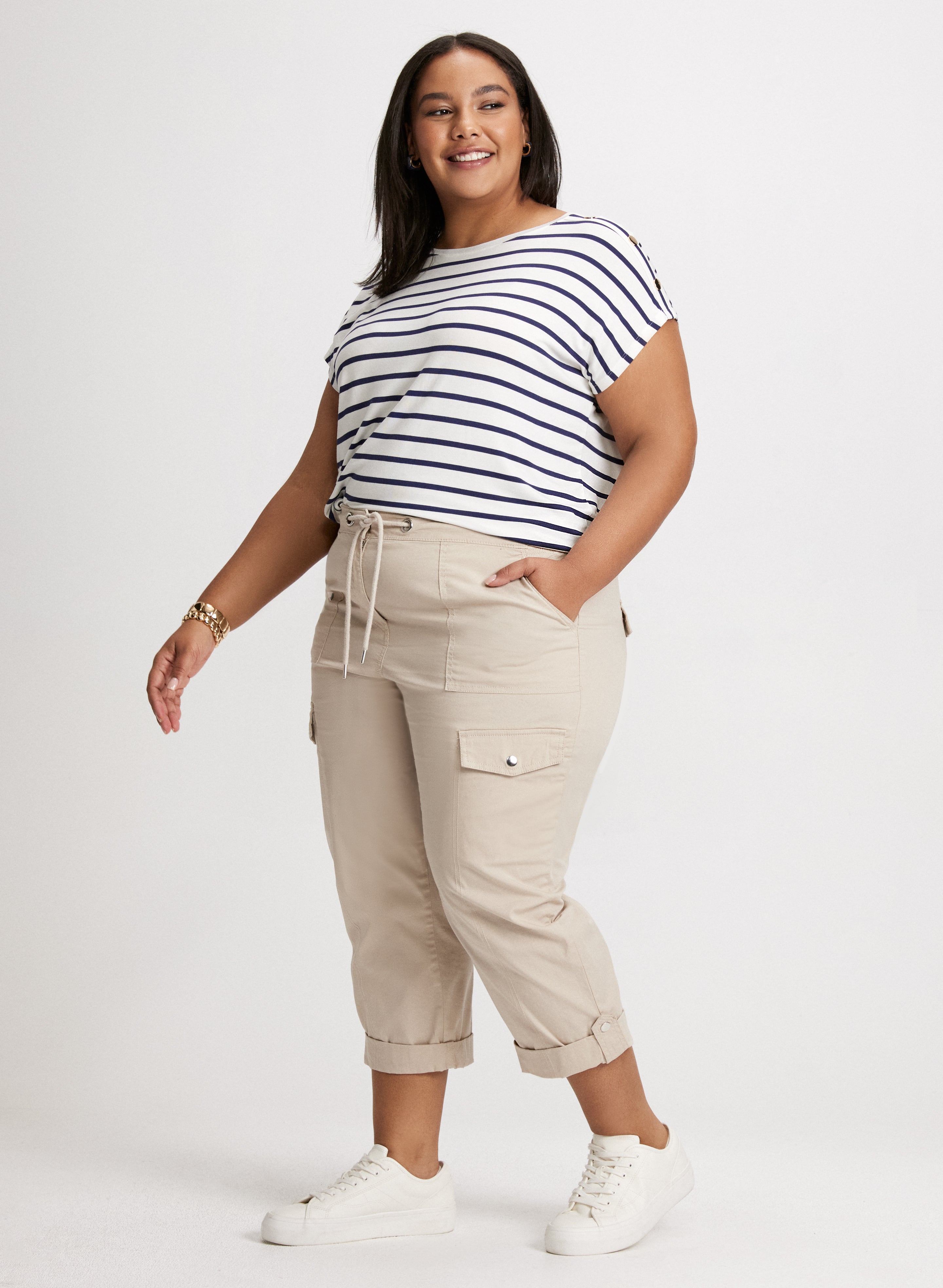 Buttoned Shoulder Striped T-Shirt & Cotton Drawstring Waist Cargo Capris Set - Women's Casual Summer Outfit for Beach, Travel and Streetwear Fashion