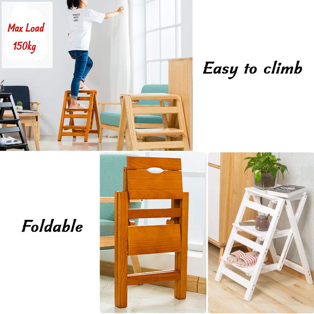 Natural Wood Folding Step Stool with Ladder - 3 Step Portable Stool for Chair, Shelving, and Home Library - 150kg Weight Capacity - Perfect for Reaching High Shelves, Home Organization, and Kids' Safety