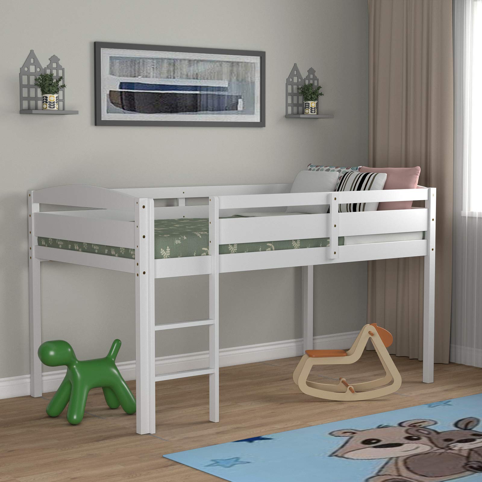 Costzon Twin Loft Bed with Guard Rail & Ladder - Solid Wood Low Loft Bed for Kids, No Box Spring Needed - Classic White Children's Bed with Storage - Perfect for Small Bedrooms, Dorm Rooms & Kids' Sleepovers