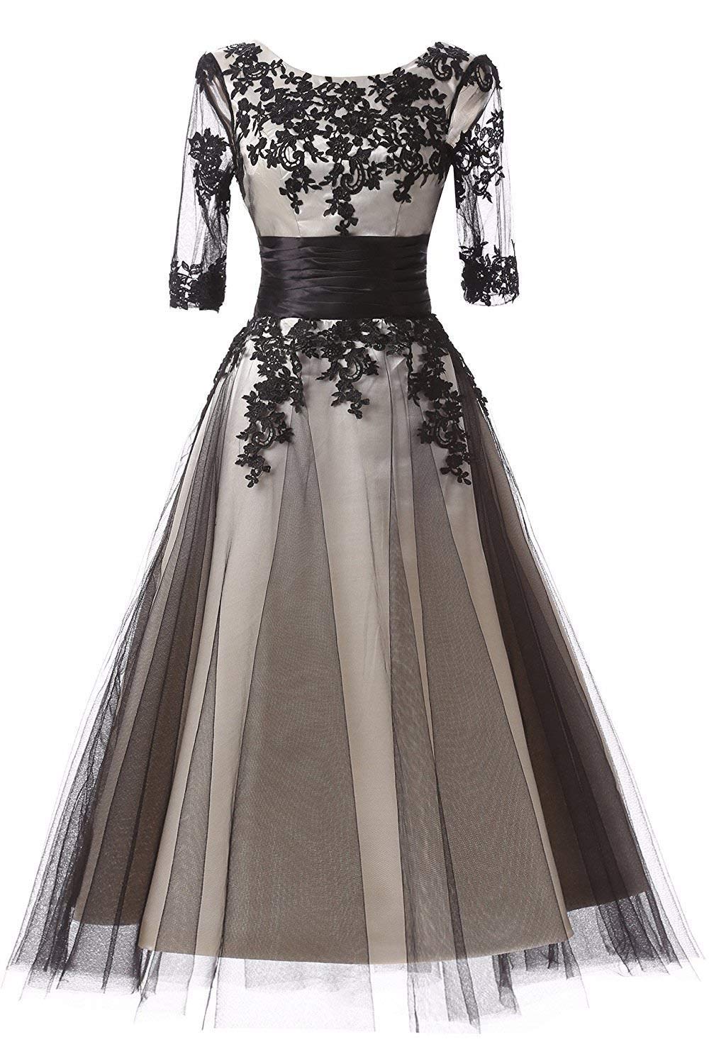 MKbridal Women's Black Lace Applique Prom Dress - Elegant Tulle Long Formal Evening Gown for Homecoming, Wedding Guest, or Special Occasions