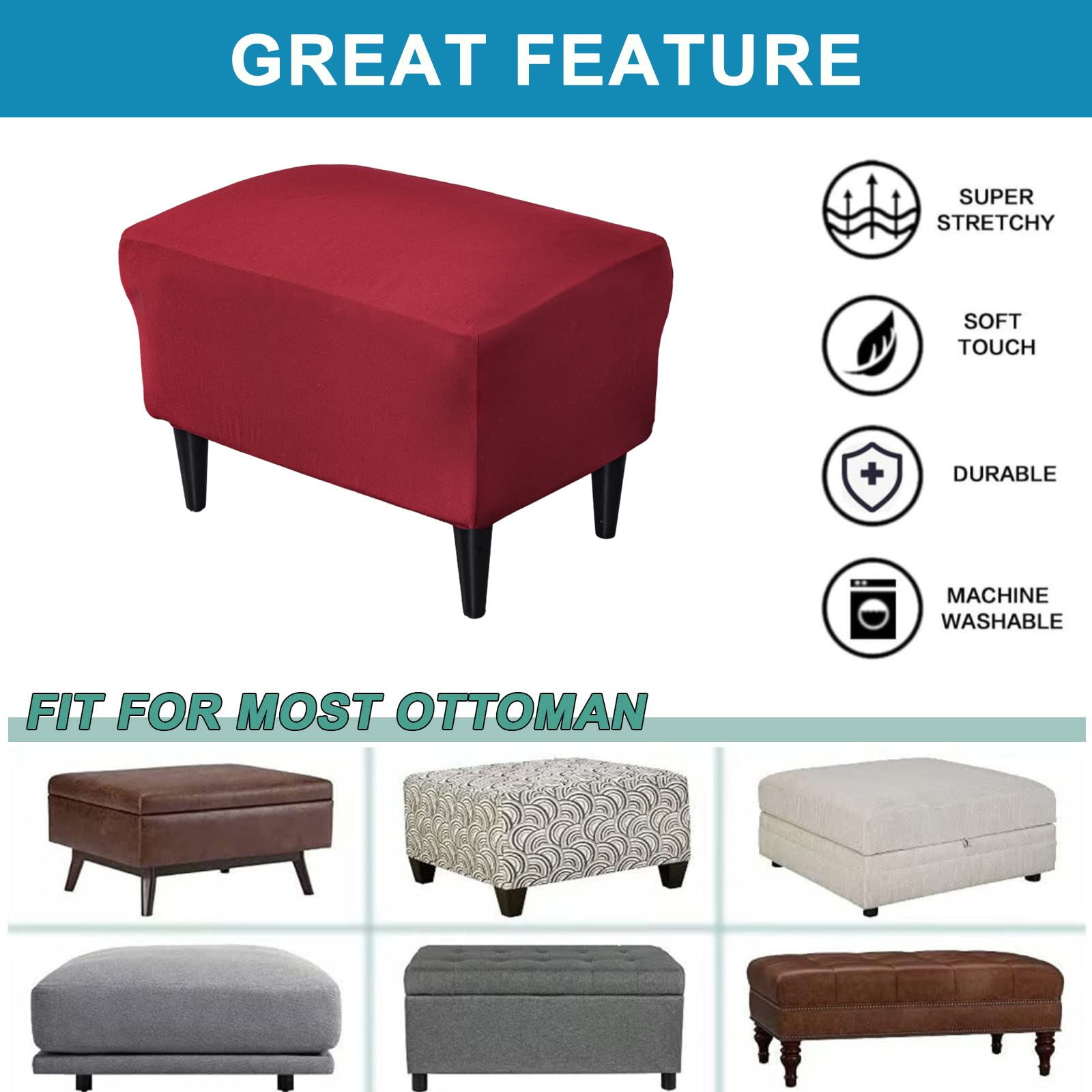 CRFATOP X-Large Ottoman Chair Cover - Stretchable Rectangle Storage Stool Slipcover with Elastic Bottom, Solid Footstool & Footrest Protector - Perfect for Living Room, Bedroom, and Home Decor