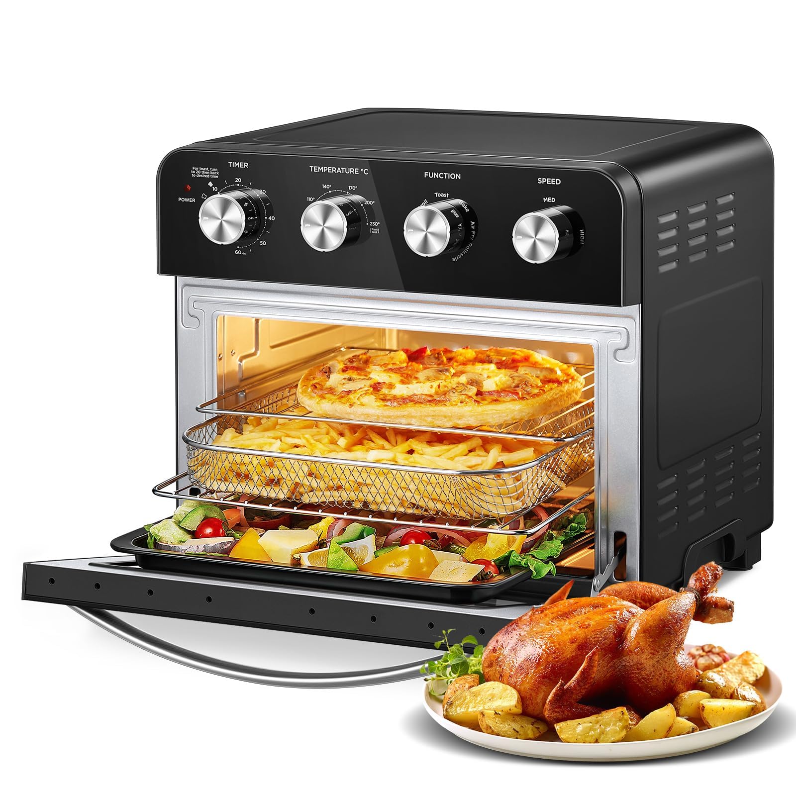 FOHERE 23L Air Fryer Oven with Rotisserie - 6-in-1 Multi-Function Countertop Convection Oven, Oil-Free Cooking, Energy Saving Independent Temp Control, Includes 6 Accessories & 100 Recipes (1700W) - Perfect for Small Kitchens, Healthy Meals, and Quick Family Dinners