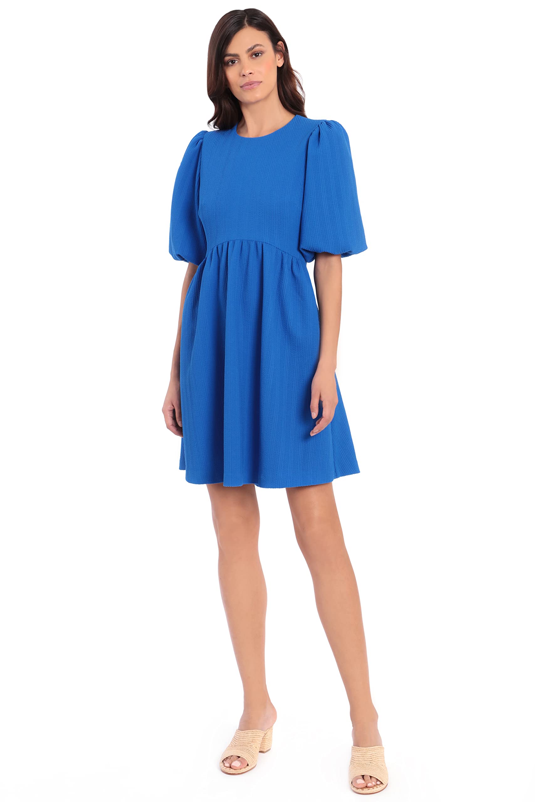 Maggy London Women's Petite Puff Short Sleeve Seersucker Dress - Curved Empire Waist, Shirred Above Knee Skirt | Summer Casual, Garden Party, Wedding Guest Outfit