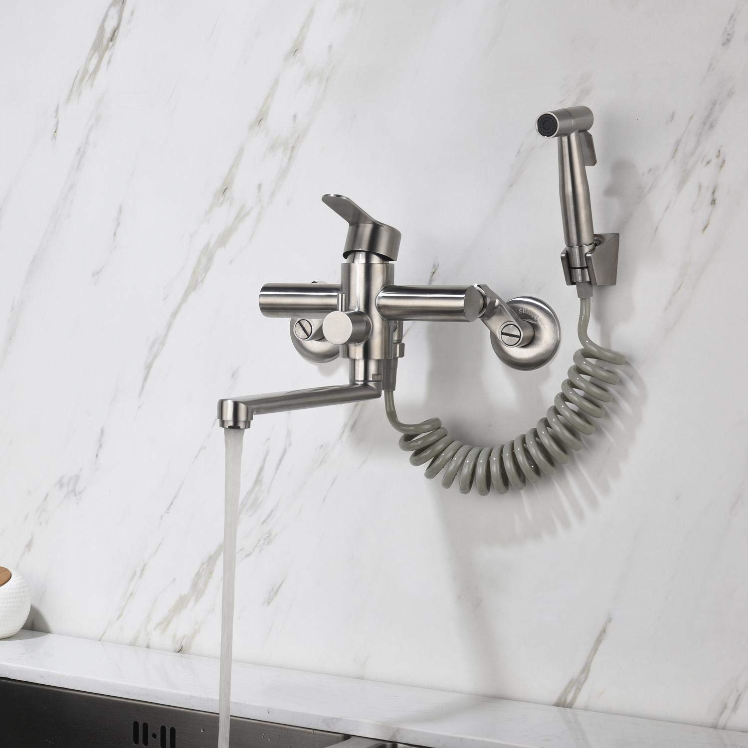HomeLava Brushed Stainless Steel Wall-Mount Kitchen Sink Faucet with Spray Gun - Vegetable Washing & Multi-Purpose Kitchen Faucet for Modern Homes | Ideal for Cooking, Cleaning & Food Prep