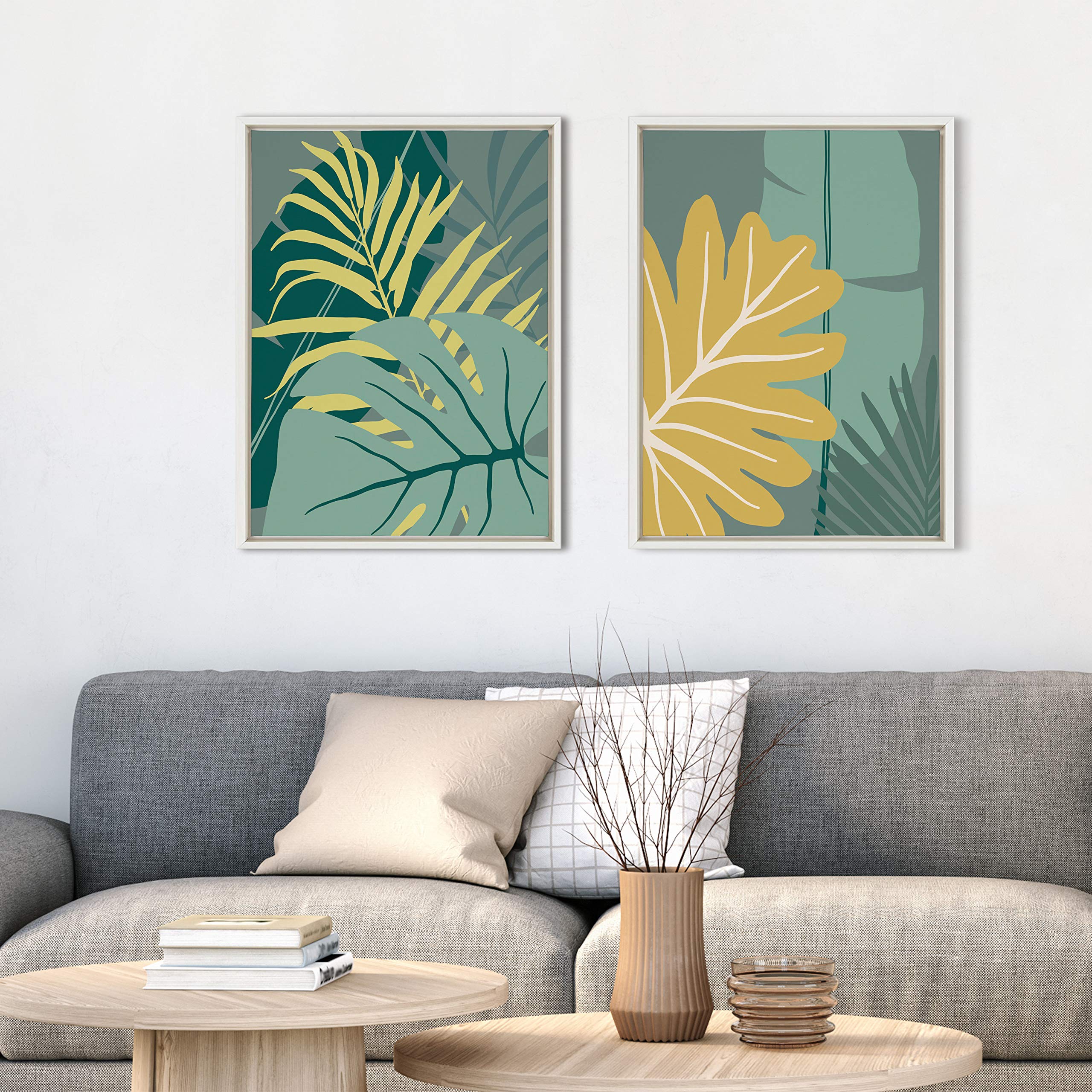 Kate & Laurel Sylvie Jungle Mania Framed Canvas Wall Art Set - 2 Piece 18x24 Inch Tropical Botanical Prints by Maja Mitrovic - White Modern Home Decor for Living Room, Bedroom & Office