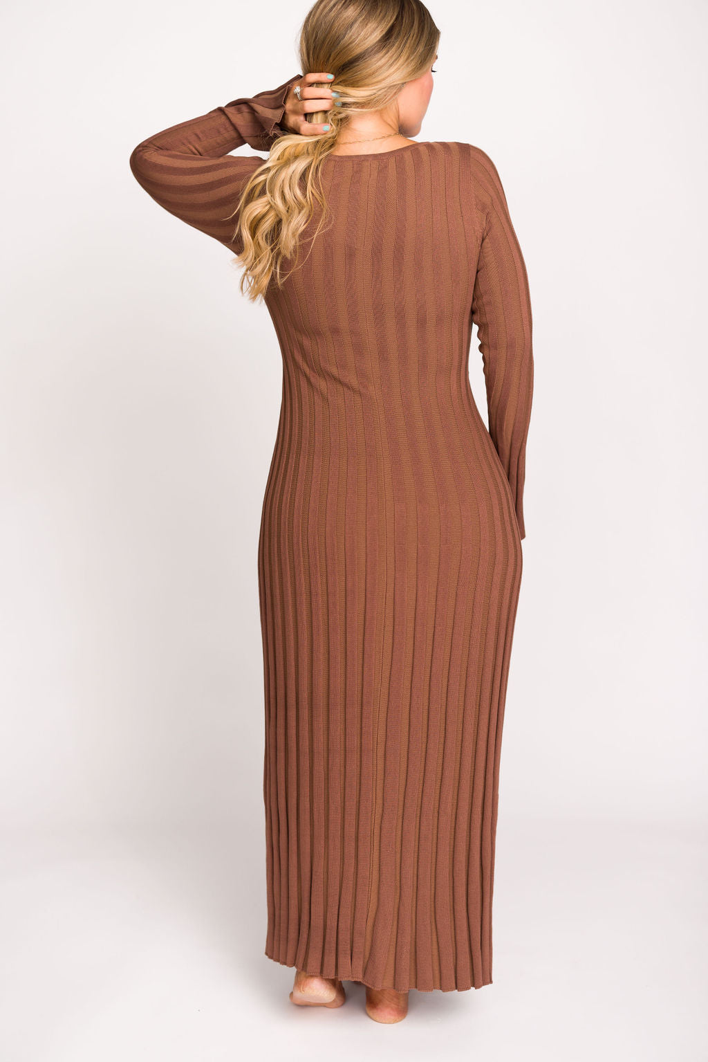 Hadley Long Sleeve V Neck Knit Maxi Dress in Cocoa - Women's Elegant Casual Maxi Dress for Fall & Winter | Perfect for Office, Date Night & Holiday Parties