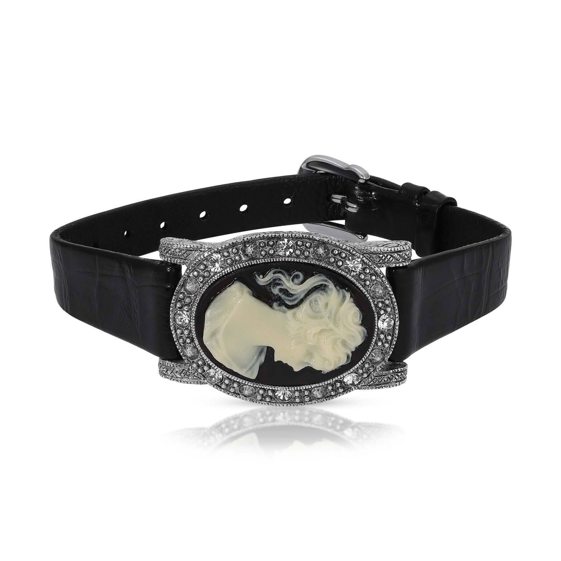1928 Black Diamond Crystal Cameo Crocodile Print Leather Belt Bracelet for Women - Vintage Style Jewelry for Parties, Weddings & Special Occasions