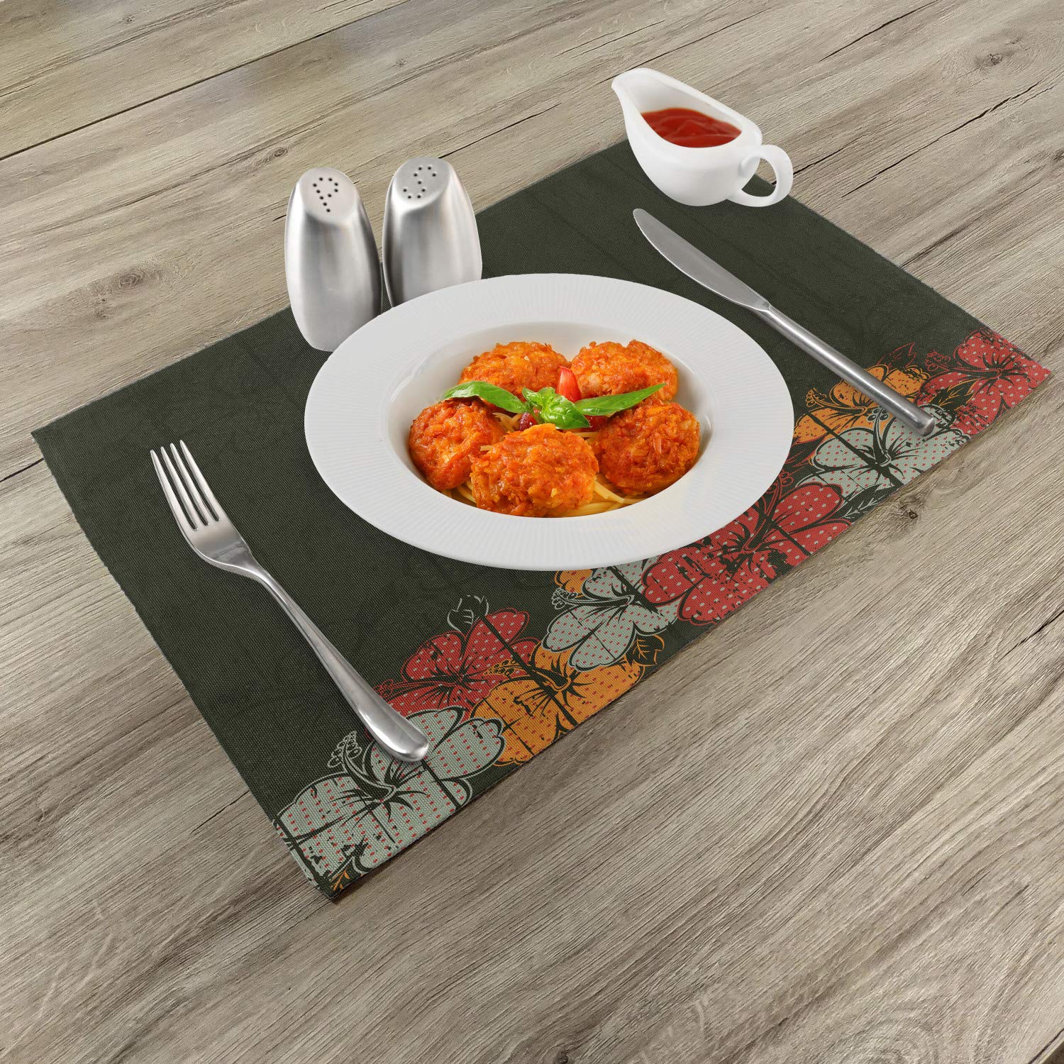 Ambesonne Floral Place Mats Set of 4 - Abstract Wooden Backdrop with Hawaiian Flowers, Leaves & Blooms - Washable Fabric Table Mats for Dining Room & Kitchen Decor in Amber Red & Army Green - Perfect for Dinner Parties, Holiday Gatherings & Everyday Meals