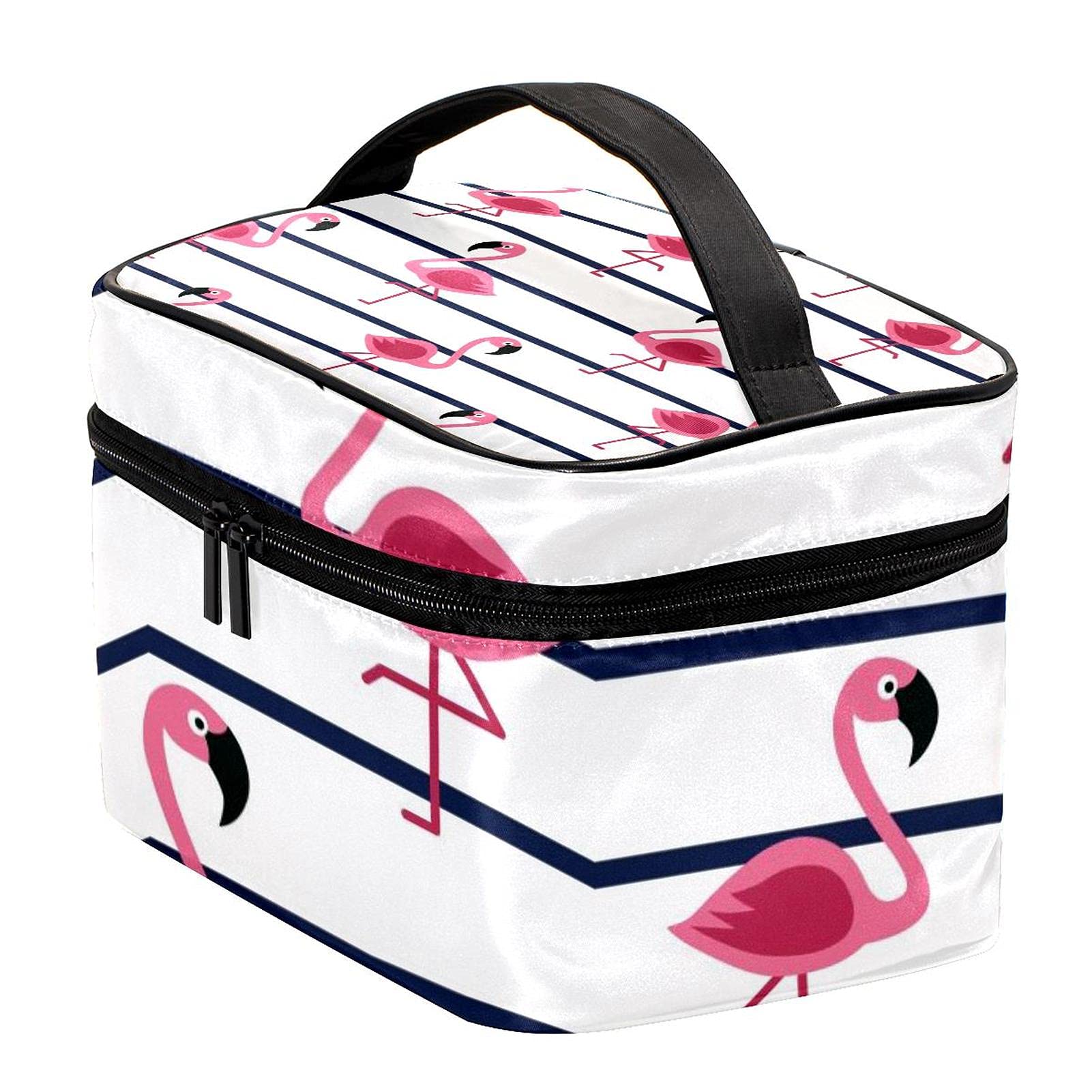 Large Tropical Flamingo Print Travel Makeup Bag with Black Stripes - Waterproof Cosmetic Organizer Case with Zipper for Women & Girls - Perfect for Vacation, Gym, Beach Trips & Daily Essentials Storage