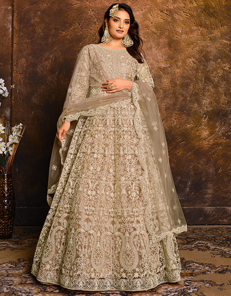Elegant Beige Net Anarkali Dress for Women - Traditional Indian Party Wear for Festivals, Weddings & Special Occasions