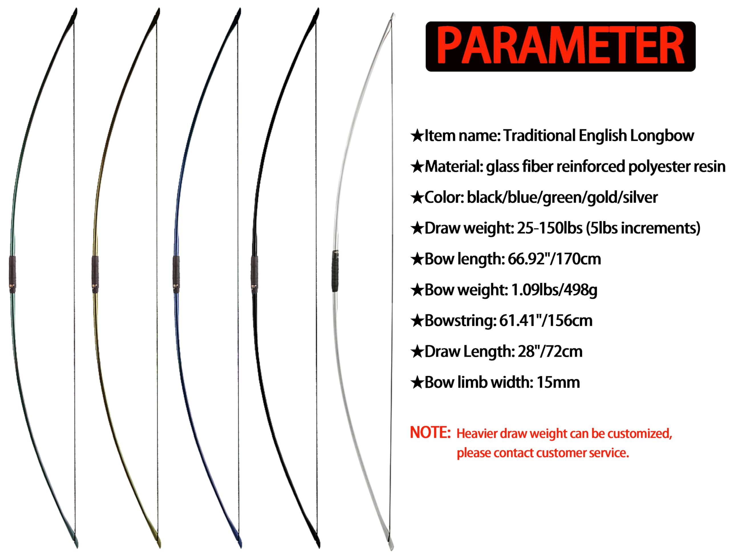 ZSHJGJR 66-Inch Traditional English Longbow | 25-150LBS Recurve Hunting Bow | Right/Left Handed | One-Piece Straight Bow for Outdoor Hunting, Target Practice & Archery Training | Perfect for Beginners & Professional Archers