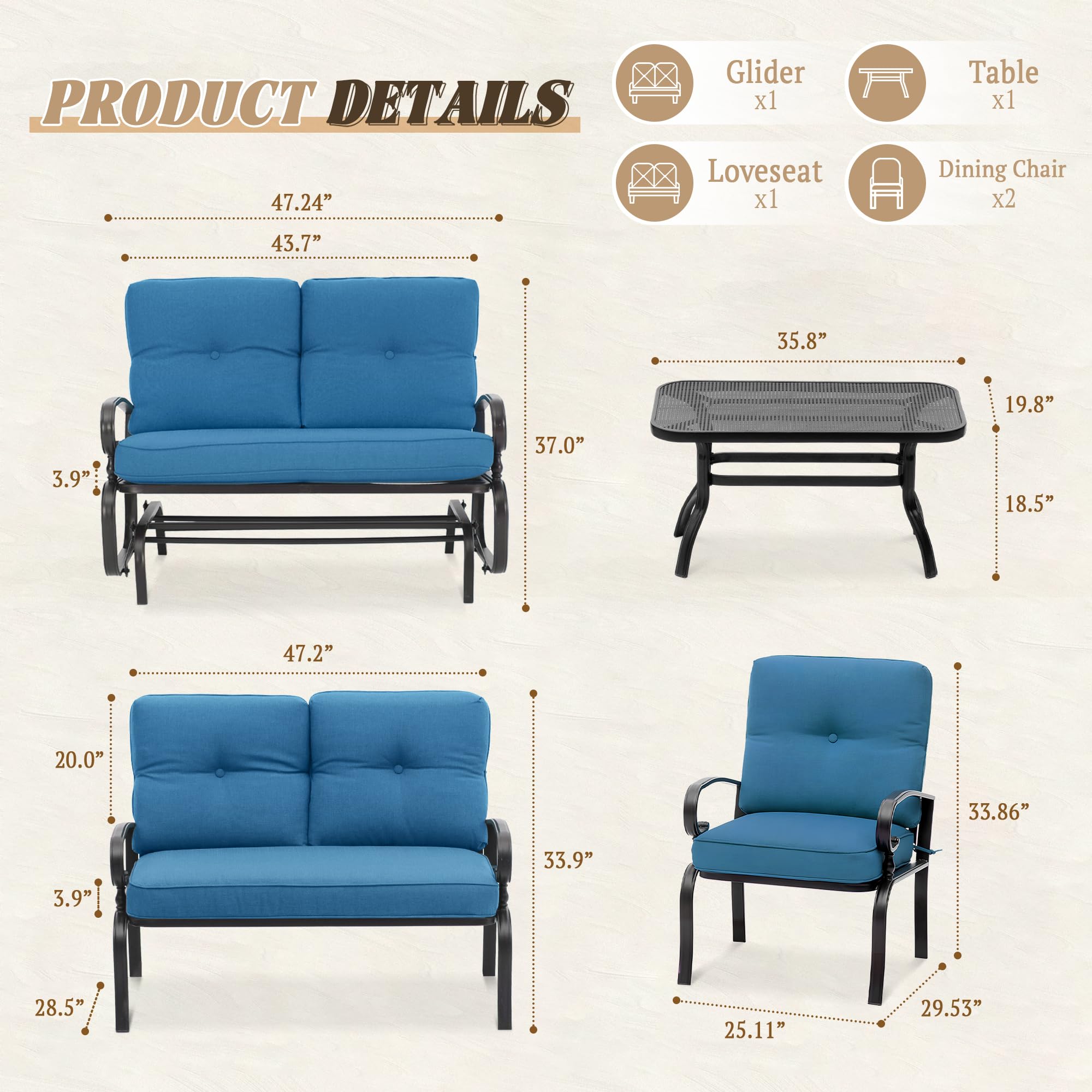 5-Piece Outdoor Patio Furniture Set with Glider, Loveseat, Coffee Table & 2 Cushioned Lounge Chairs - Peacock Blue - Perfect for Garden, Backyard, Poolside & Patio Relaxation