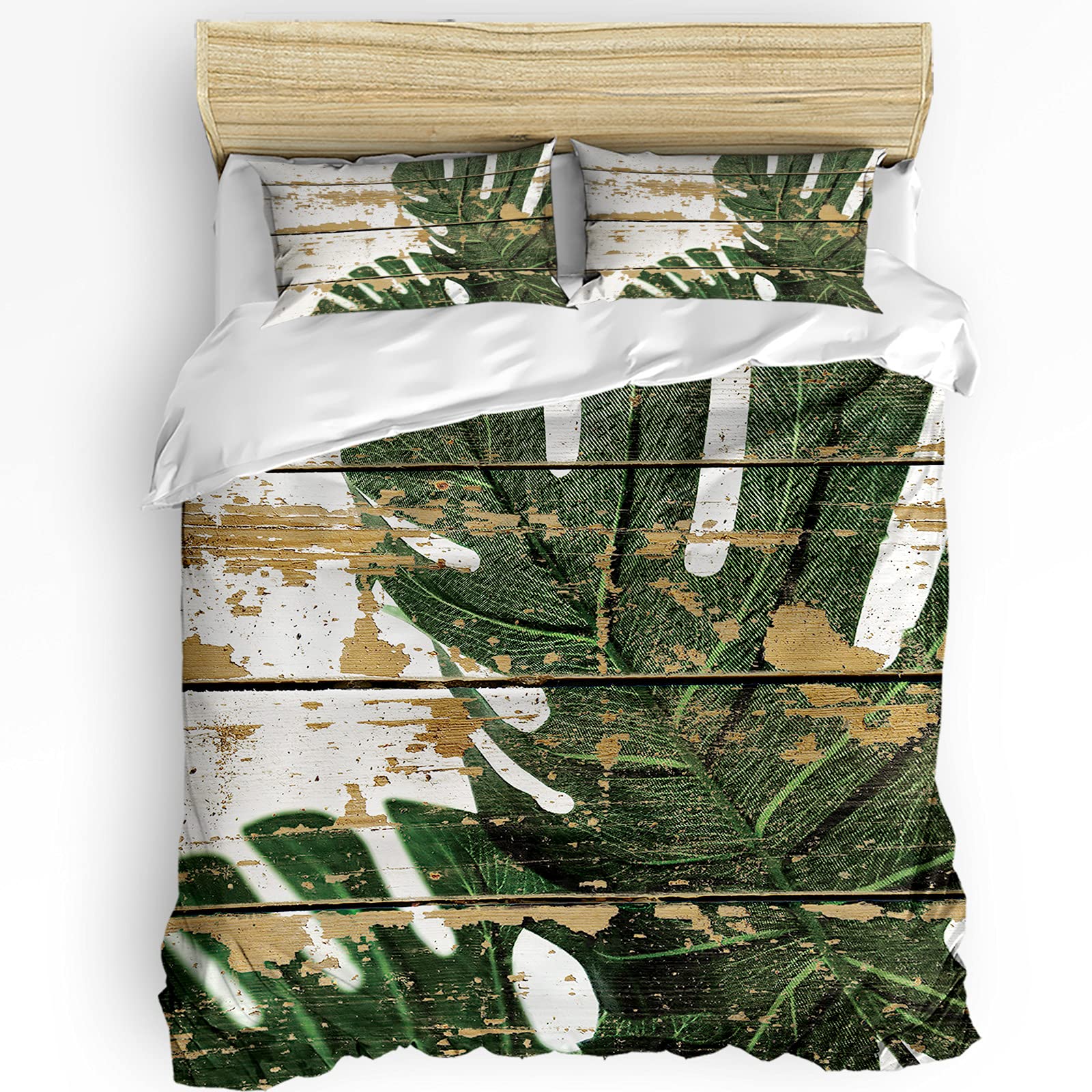 Tropical Plants Twin Bedding Set 3-Piece - Palm Leaves Duvet Cover with Comforter & Pillow Shams for Boys Girls Teens - Nature Inspired Bedroom Decor for Beach House, Boho Chic or Kids Room