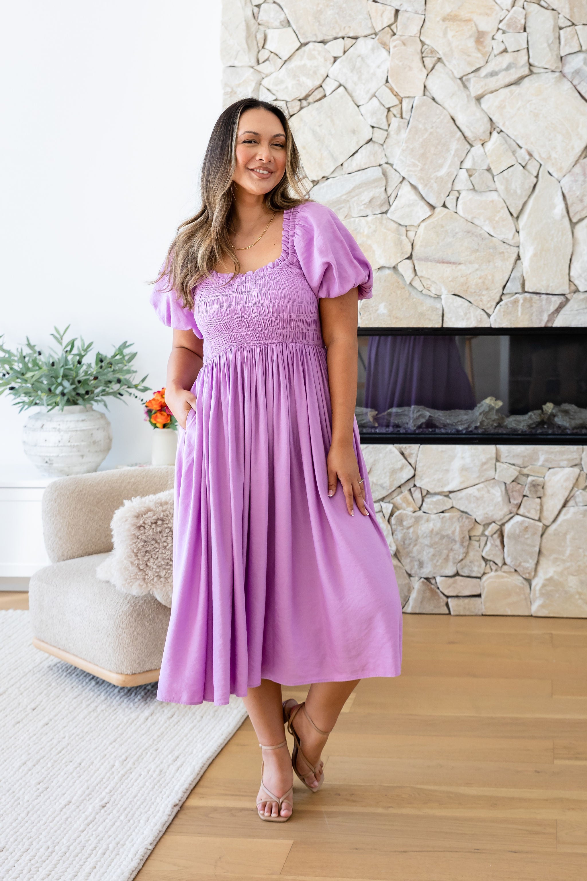 Stelle Linen Blend Midi Dress in Berry - Flowy Summer Dress for Women, Casual & Elegant - Perfect for Beach Vacations, Brunch Dates & Summer Weddings
