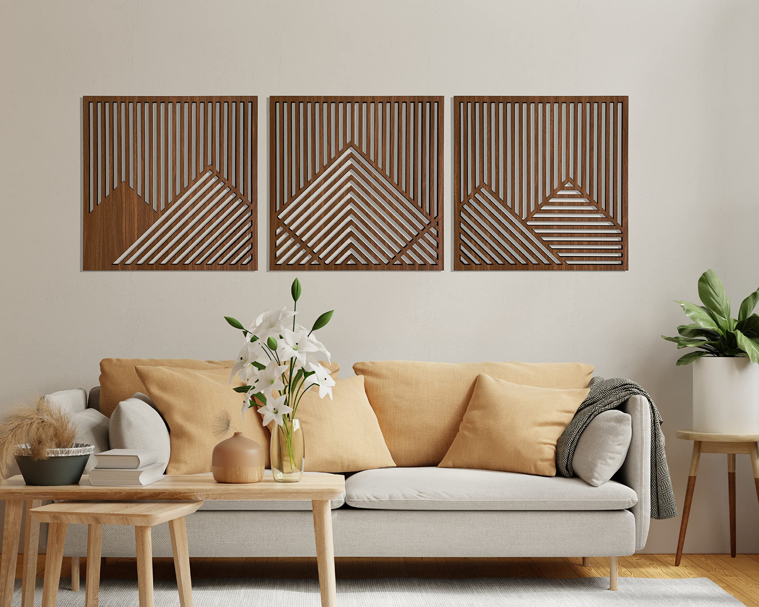 Modern 3-Piece Geometric Mountain Wall Art - Large Wooden Wall Decor for Living Room, Bedroom & Office | Handcrafted Wood Wall Hanging for Rustic & Contemporary Home Decor