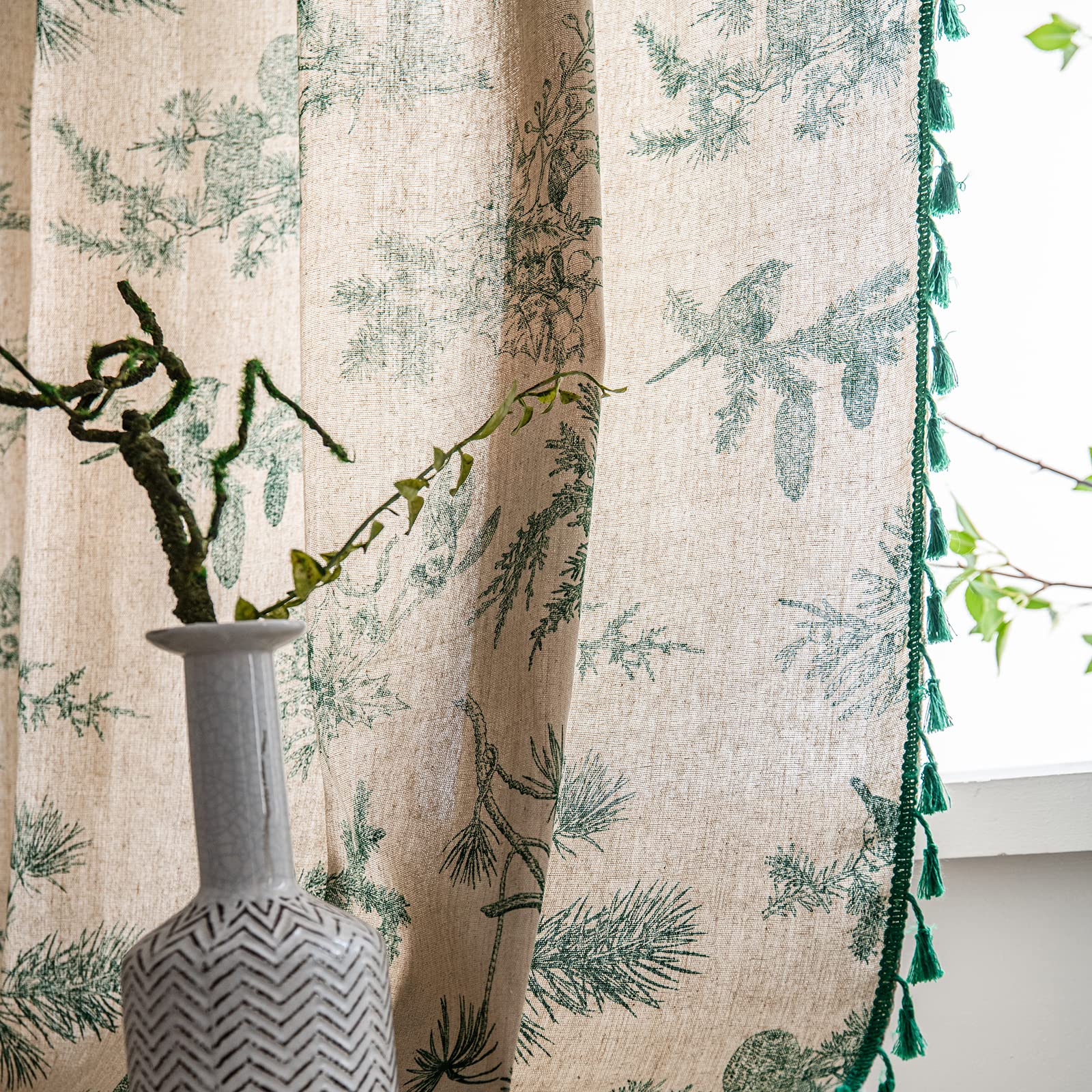 Bohemian Floral Semi-Sheer Cotton Linen Curtains 96 Inch Length - Farmhouse Style with Tassel Trim, Green Botanical Print, Rod Pocket Room Darkening Drapes (2 Panels) for Living Room, Bedroom, Nursery & Boho Home Decor