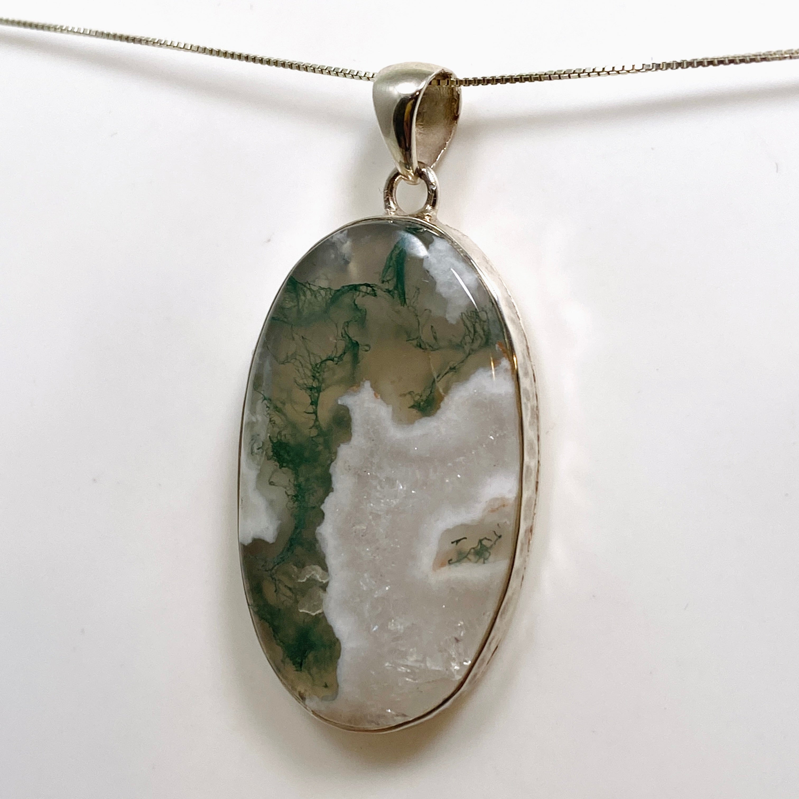 Natural Moss Agate Oval Cabochon Pendant in Handmade Hammered Sterling Silver Setting KPGJ4708 - Perfect for Boho Jewelry, Spiritual Healing & Gift Giving