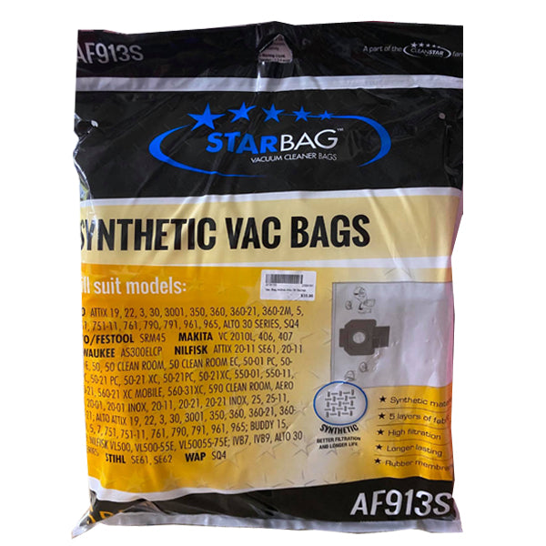 Starbag AF913S Synthetic Vacuum Cleaner Bags - 6 Pack, HEPA Filtration, Compatible with Multiple Vacuum Models - Perfect for Home Cleaning, Pet Hair Removal & Allergy Relief