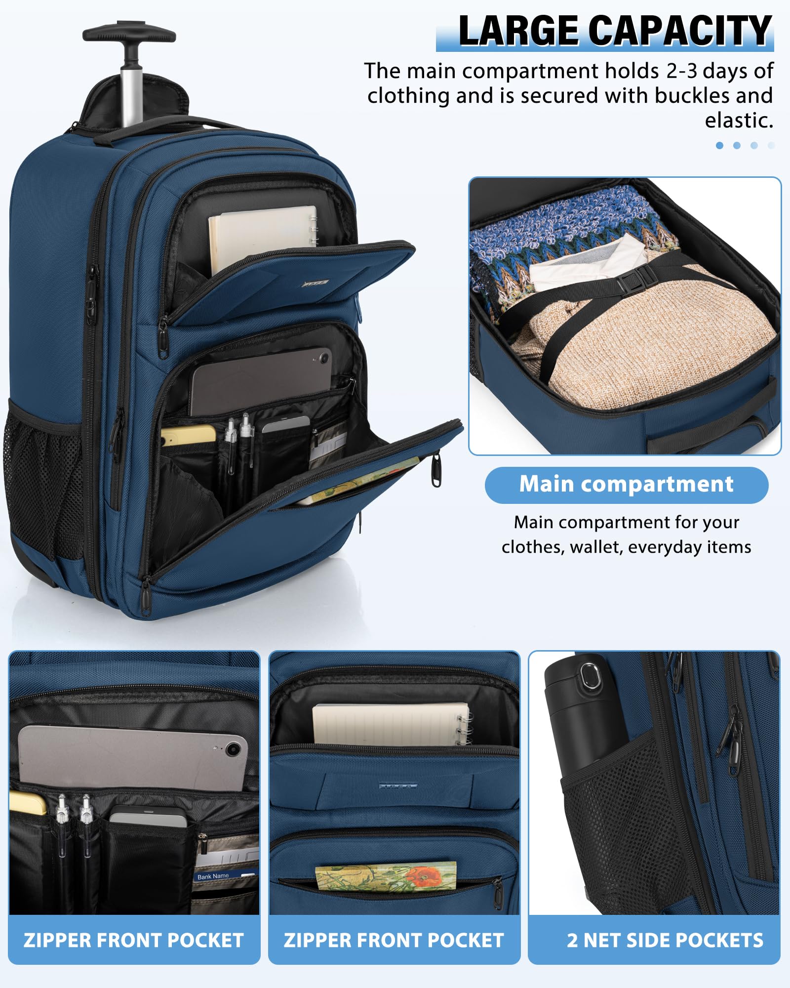 Waterproof Rolling Business Backpack with Wheels - Fits 18 Inch Laptop, Trolley Travel Bag for Commuters & Business Trips (Blue) - Perfect for Airports, Office & Daily Commute