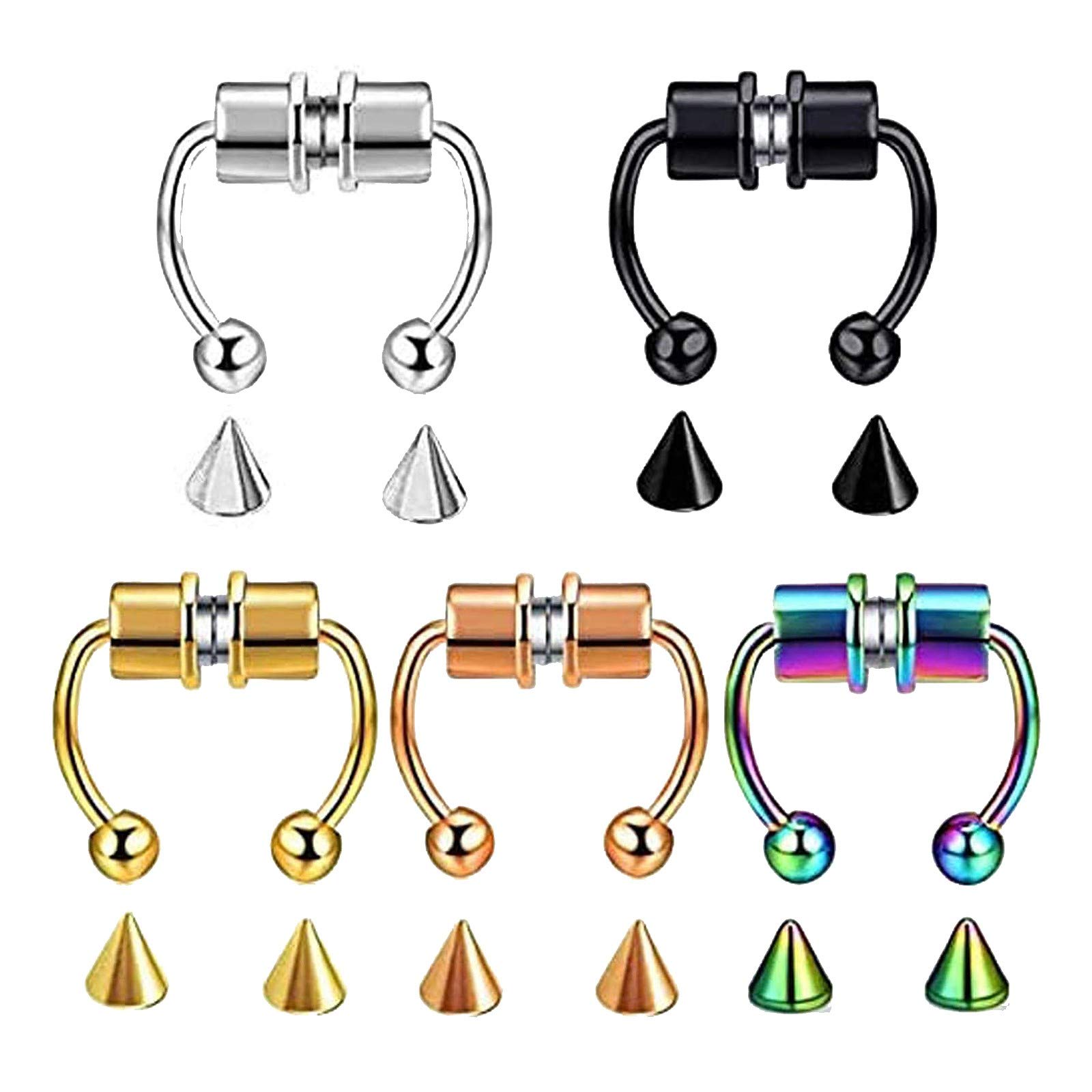 BODOAO 2021 New Stainless Steel Magnetic Fake Nose Ring - 5pcs Titanium Steel Horseshoe Hoop Non-Piercing Nose Jewelry for Women & Men - Perfect for Parties, Halloween, Cosplay & Everyday Wear