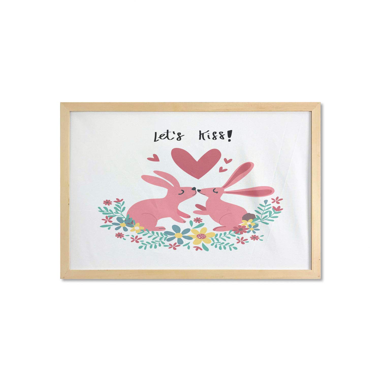 Ambesonne Framed Kissing Rabbits Wall Art - 35x23 Inch Pink Floral Rabbit Cartoon Print Fabric Poster for Bathroom, Living Room, Dorm Decor - Romantic Home Decor Gift for Couples, Valentine's Day