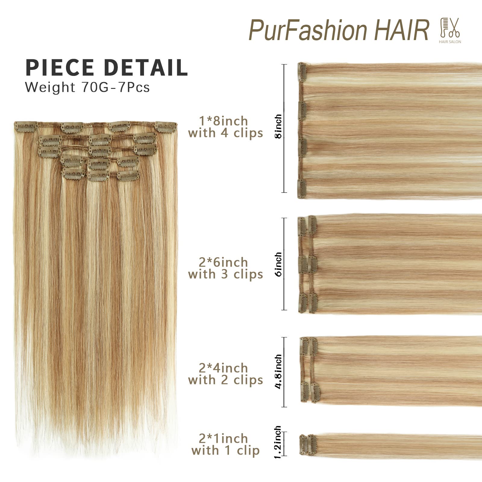 Golden Brown Clip in Hair Extensions with Bleach Blonde Highlights - 15 Inch Real Human Hair, 70g Straight & Soft for Everyday Styling & Special Occasions
