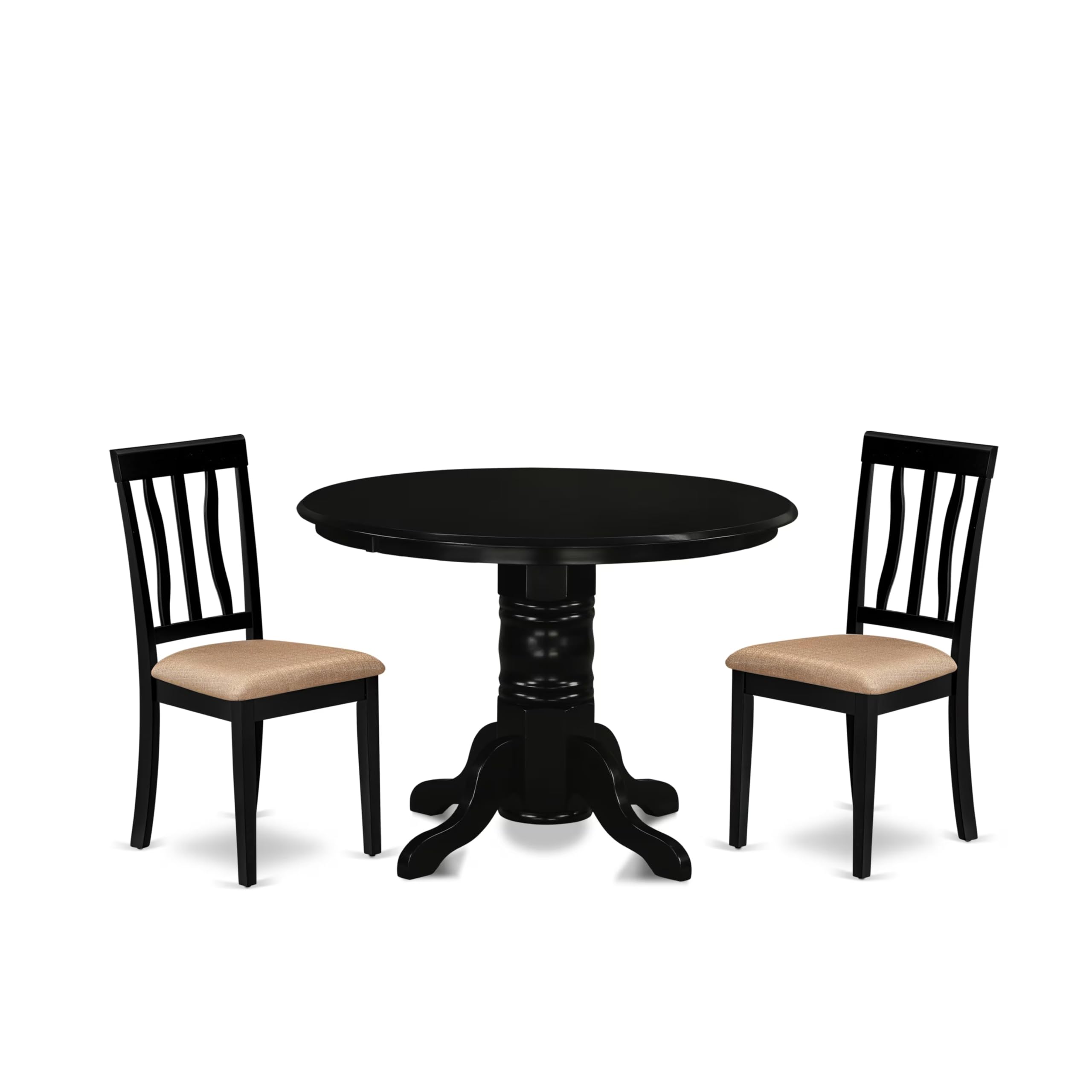 East West Furniture SHAN3-BLK-C 3-Piece Round Dining Set with Pedestal Table & 2 Fabric Chairs, 42x42 Inch, Black - Perfect for Small Kitchen, Breakfast Nook or Apartment Dining Area