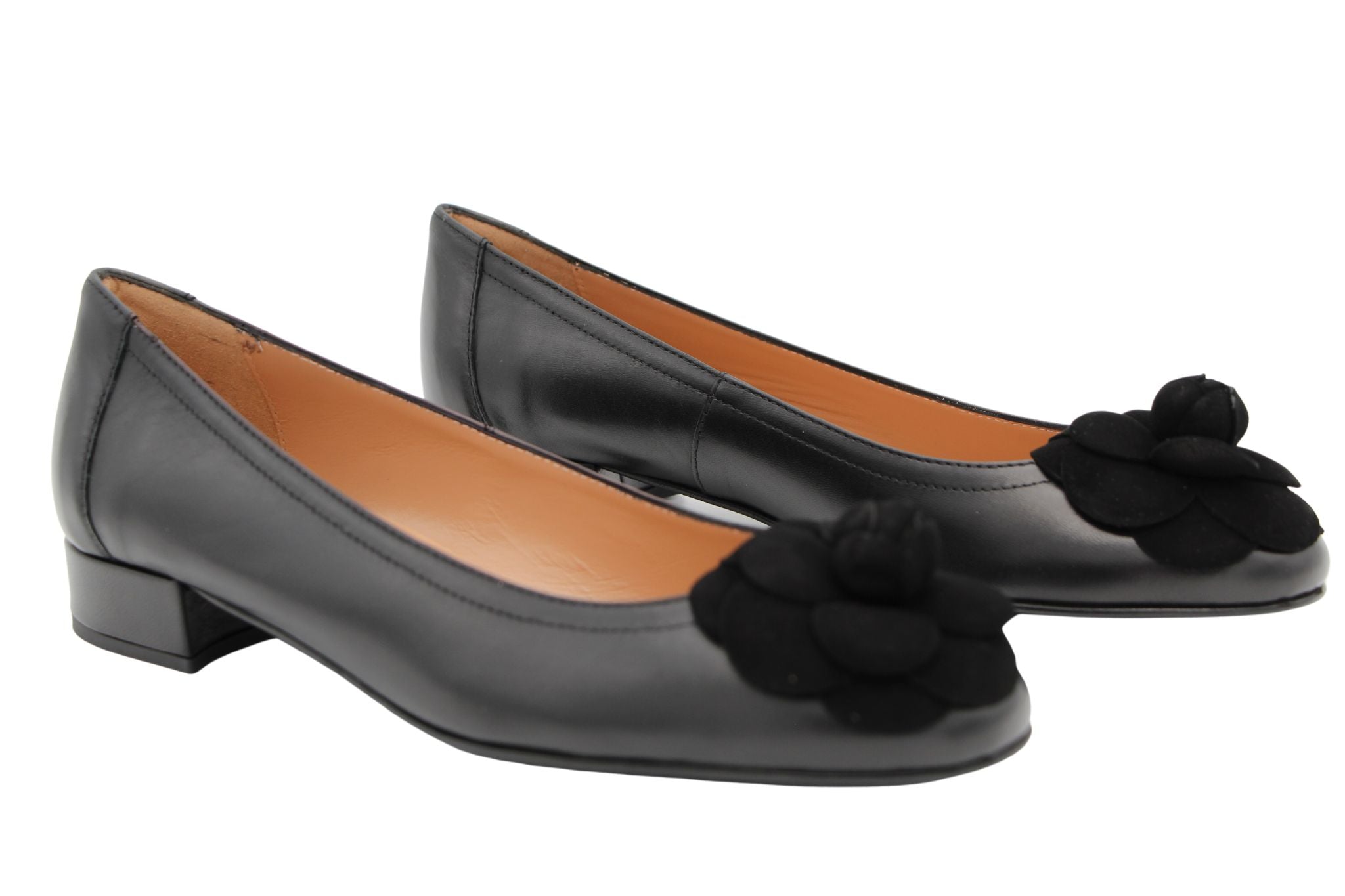 Fabucci Women's Black Leather Ballet Flats with Floral Embellishment - Comfortable Slip-On Shoes for Work, Travel & Casual Wear
