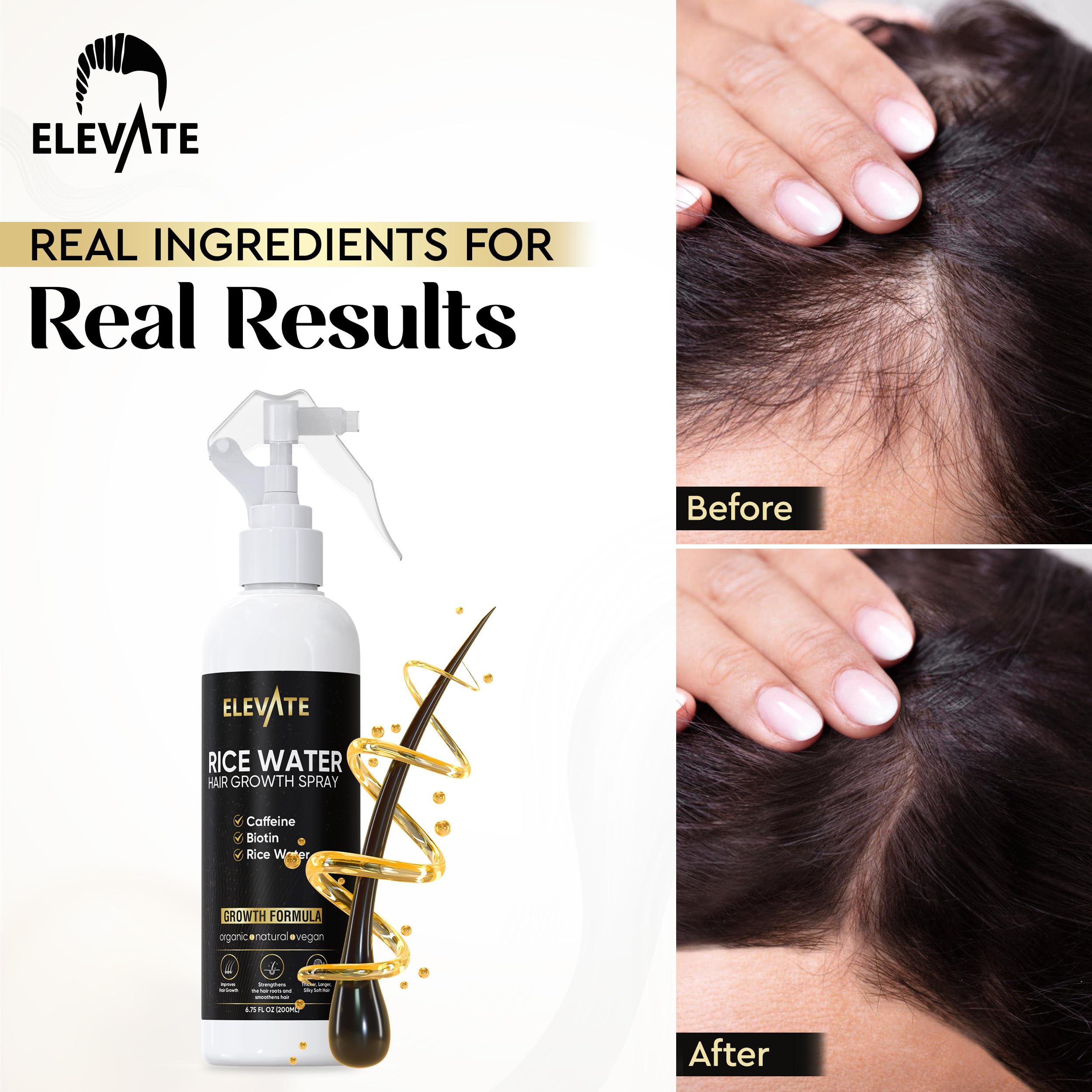 Elevate Rice Water Hair Growth Spray with Biotin, Caffeine & Aloe Vera - Thickening & Nourishing Leave-In Treatment for Thinning, Damaged Hair - Vegan, Non-Greasy Formula for Longer, Softer Locks - Perfect for Daily Hair Care Routine & Styling