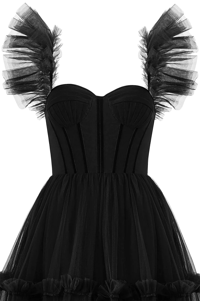 Elegant A-Line Black Ruffled Tulle Prom Dress 2201 - Perfect for Homecoming, Formal Dances & Evening Parties
