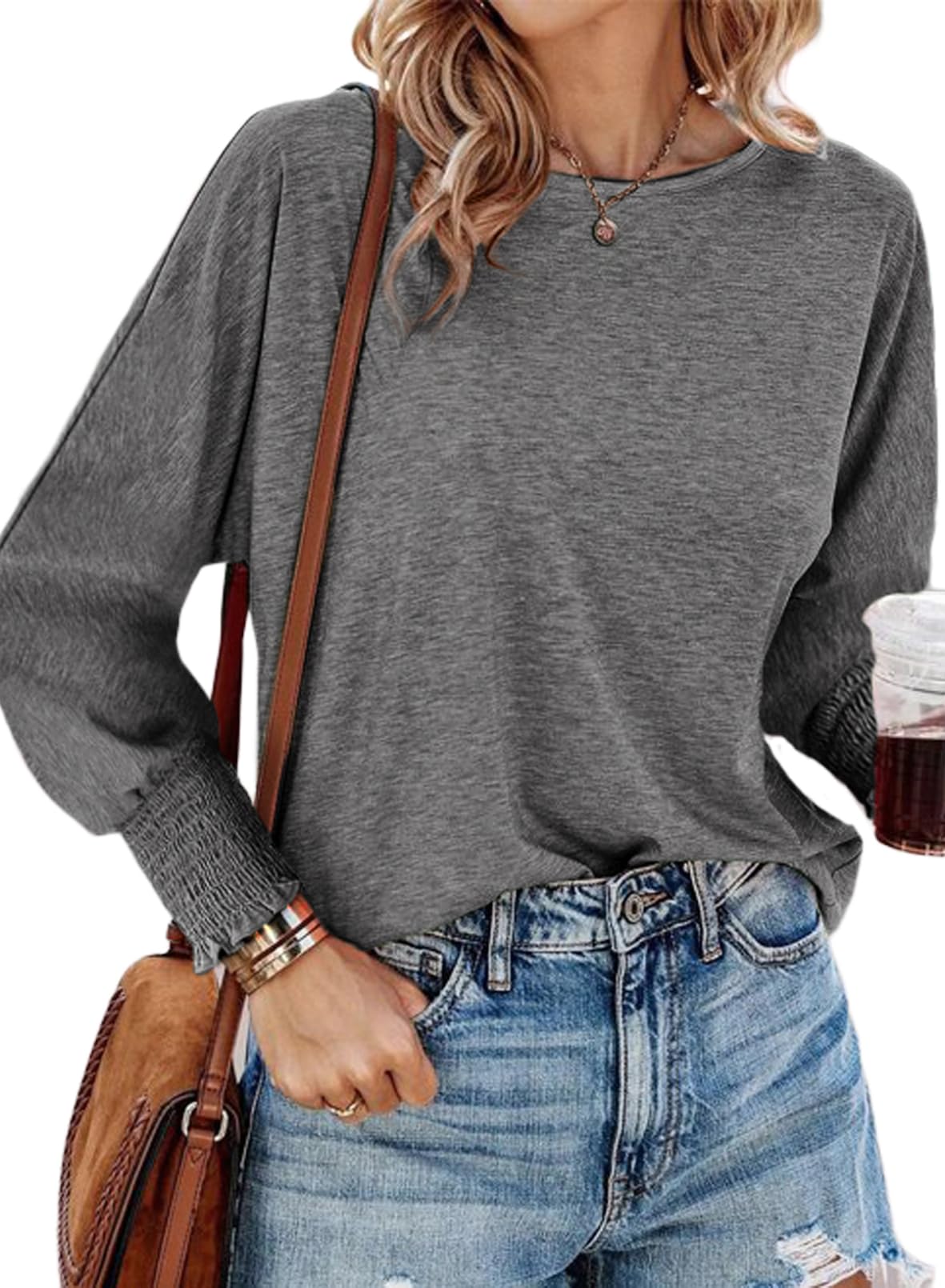Dokotoo Women's Long Sleeve Batwing T-Shirt 2024 - Oversized Crewneck Casual Top | Loose Fit Basic Tee for Everyday Wear, Layering & Fall Fashion
