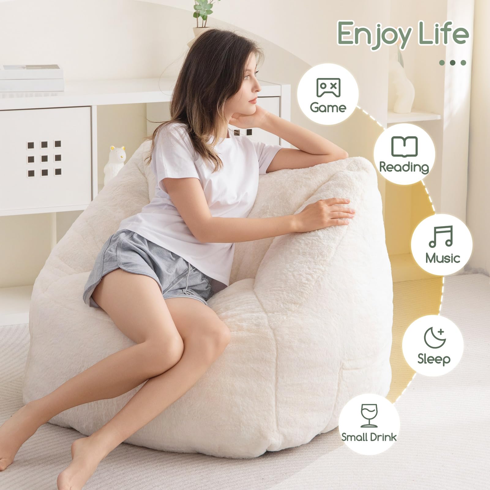 MAXYOYO Bean Bag Chair for Adults, Kids & Teens - Soft Floor Sofa with Handle for Gaming, Reading & Relaxing - Beige - Perfect for Living Room, Bedroom & Game Room