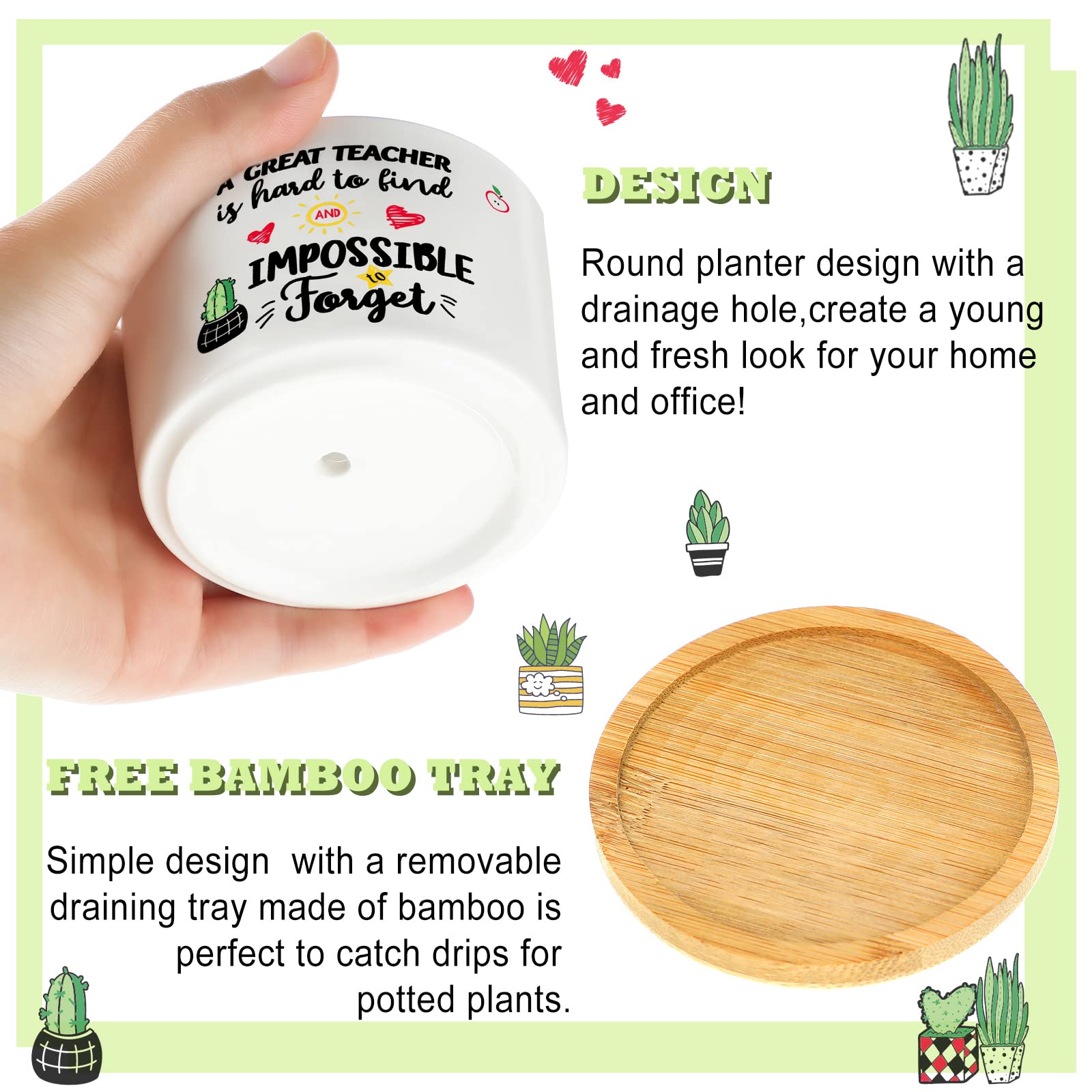 6 Pcs Funny Succulent Pots with Bamboo Tray - Teacher Appreciation, Graduation Gifts for Women - Perfect for Office & Home Decor