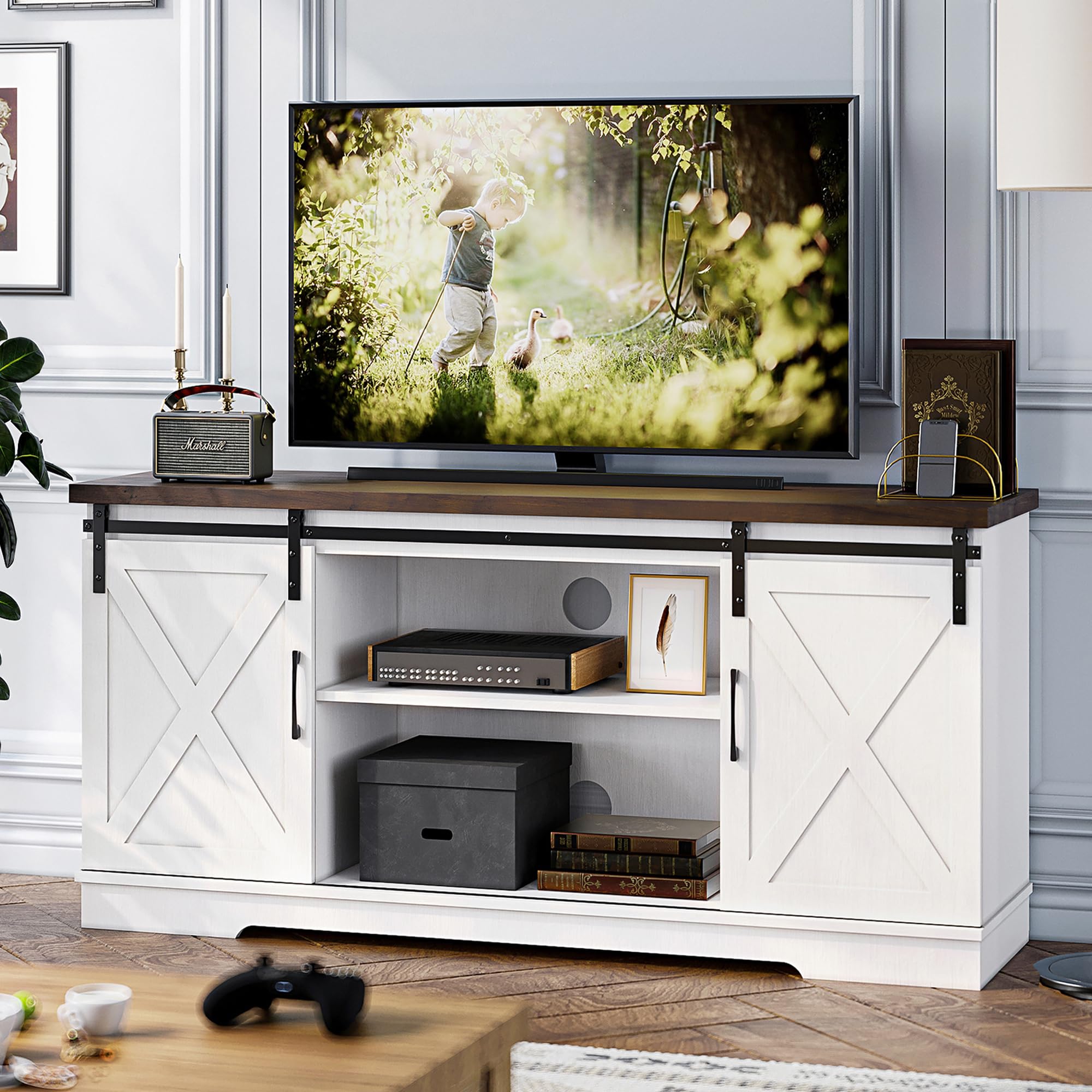IDEALHOUSE 65 Inch Farmhouse TV Stand with Barn Doors - Rustic Entertainment Center & Media Console Cabinet with Storage Shelves - Modern Living Room Furniture for Home Theater & Family Entertainment (White)