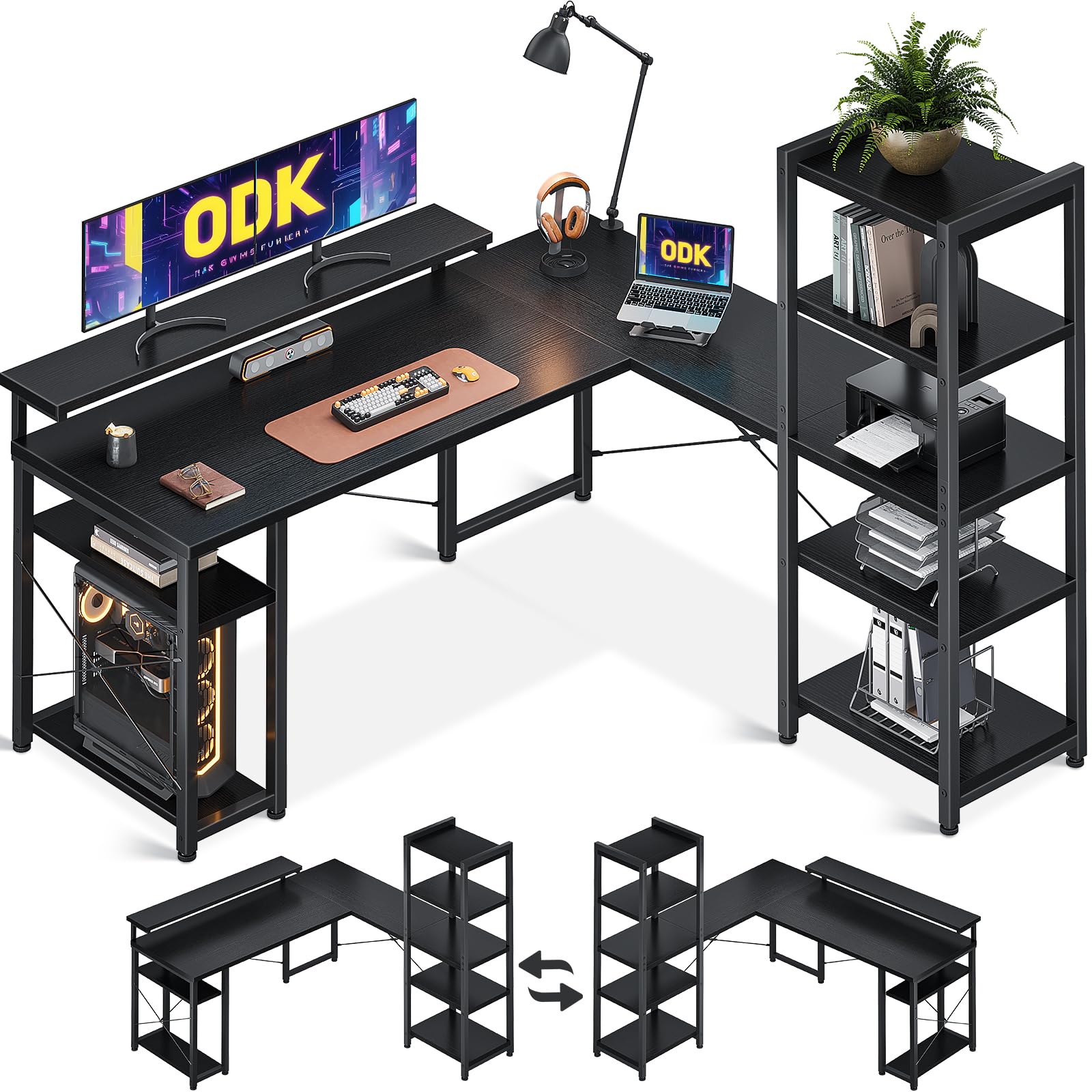 ODK L-Shaped Computer Desk with Monitor Stand, Black 155×140cm - Perfect for Home Office, Gaming Setup & Small Spaces