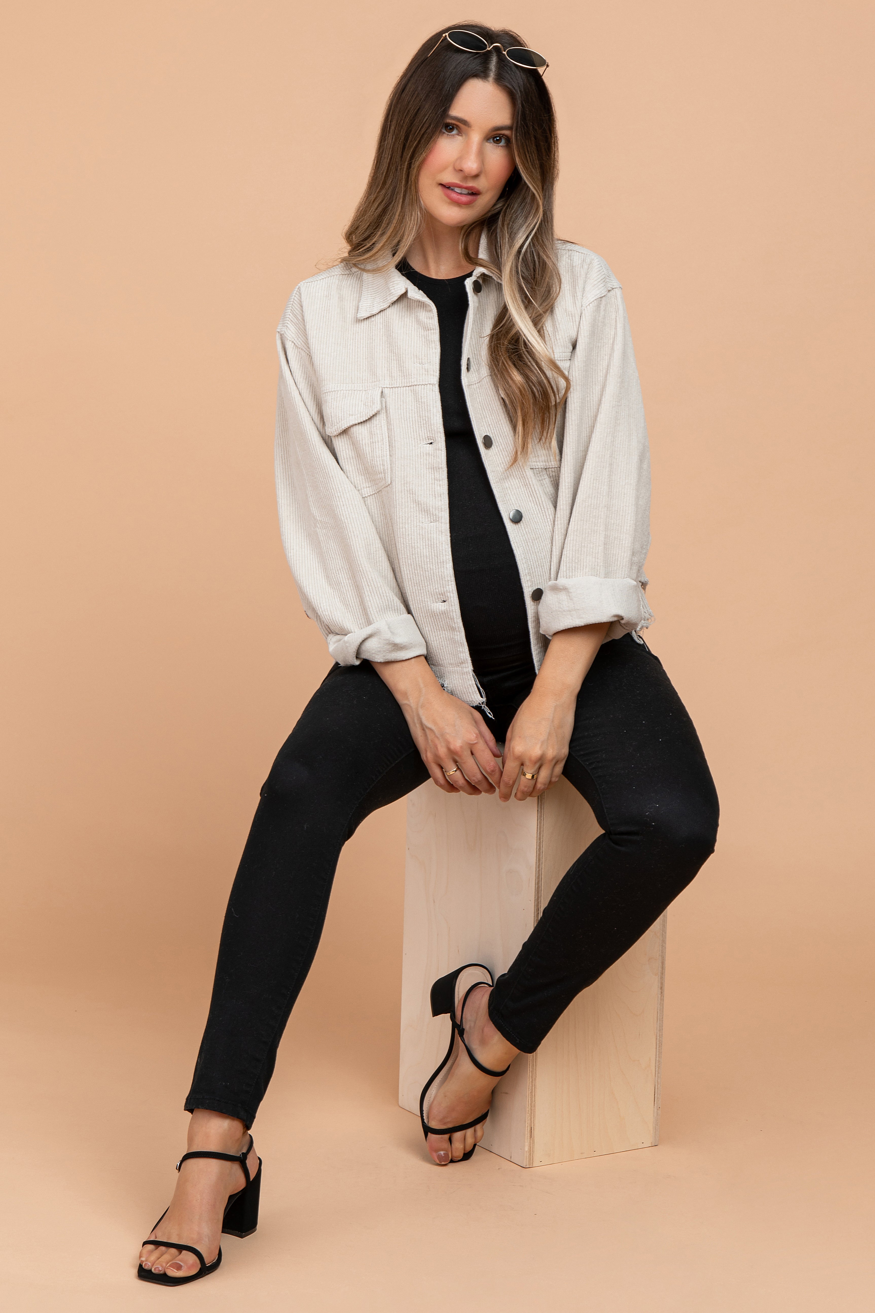 Beige Corduroy Distressed Hem Cropped Maternity Jacket - Stylish Pregnancy Outerwear for Casual Outings & Fall Fashion
