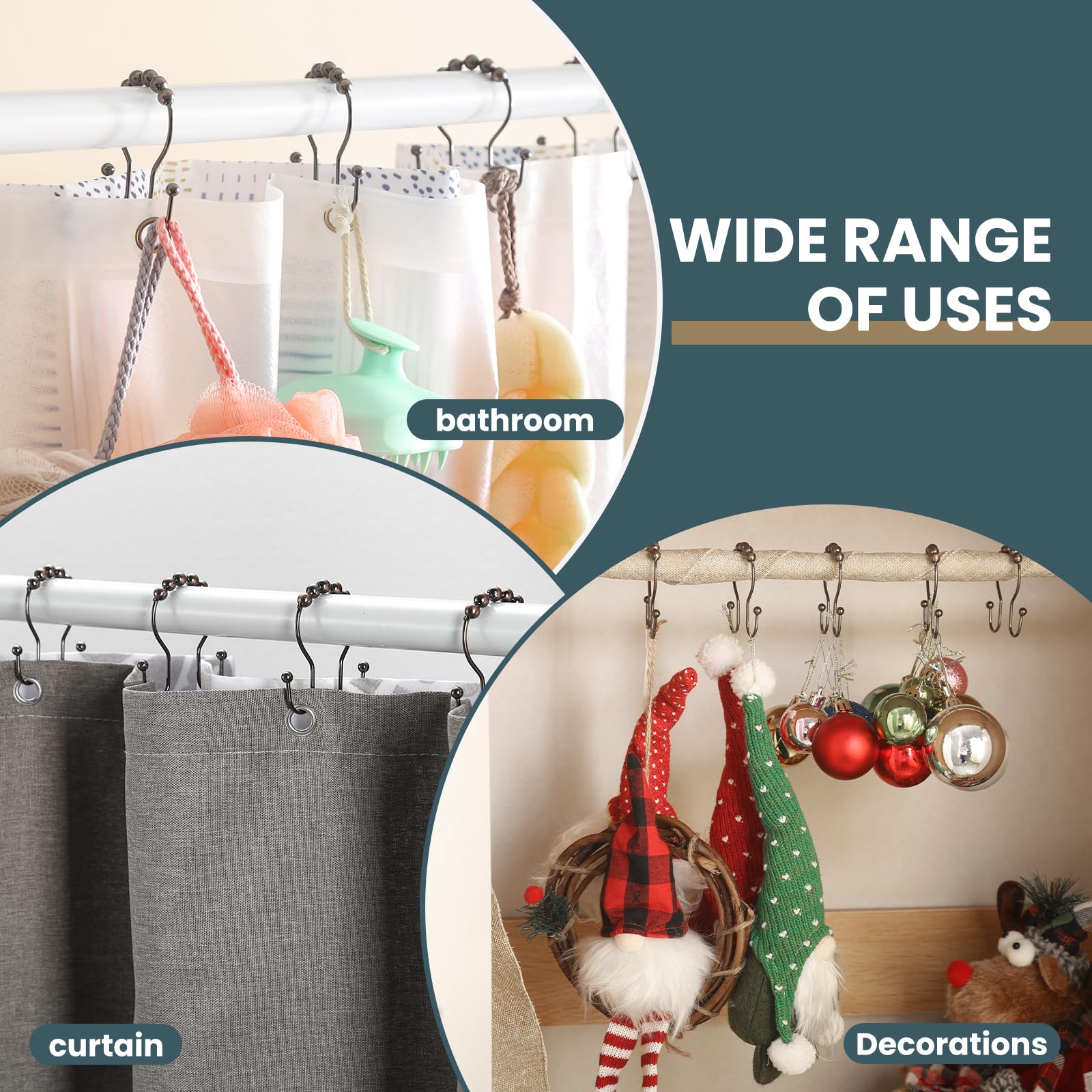 Premium Rust-Proof Bronze Shower Curtain Hooks - 12 Pack Smooth Gliding Metal Rings for Double Shower Curtains | Bathroom Decor & Home Upgrade Accessories for Modern Showers & Bathtubs