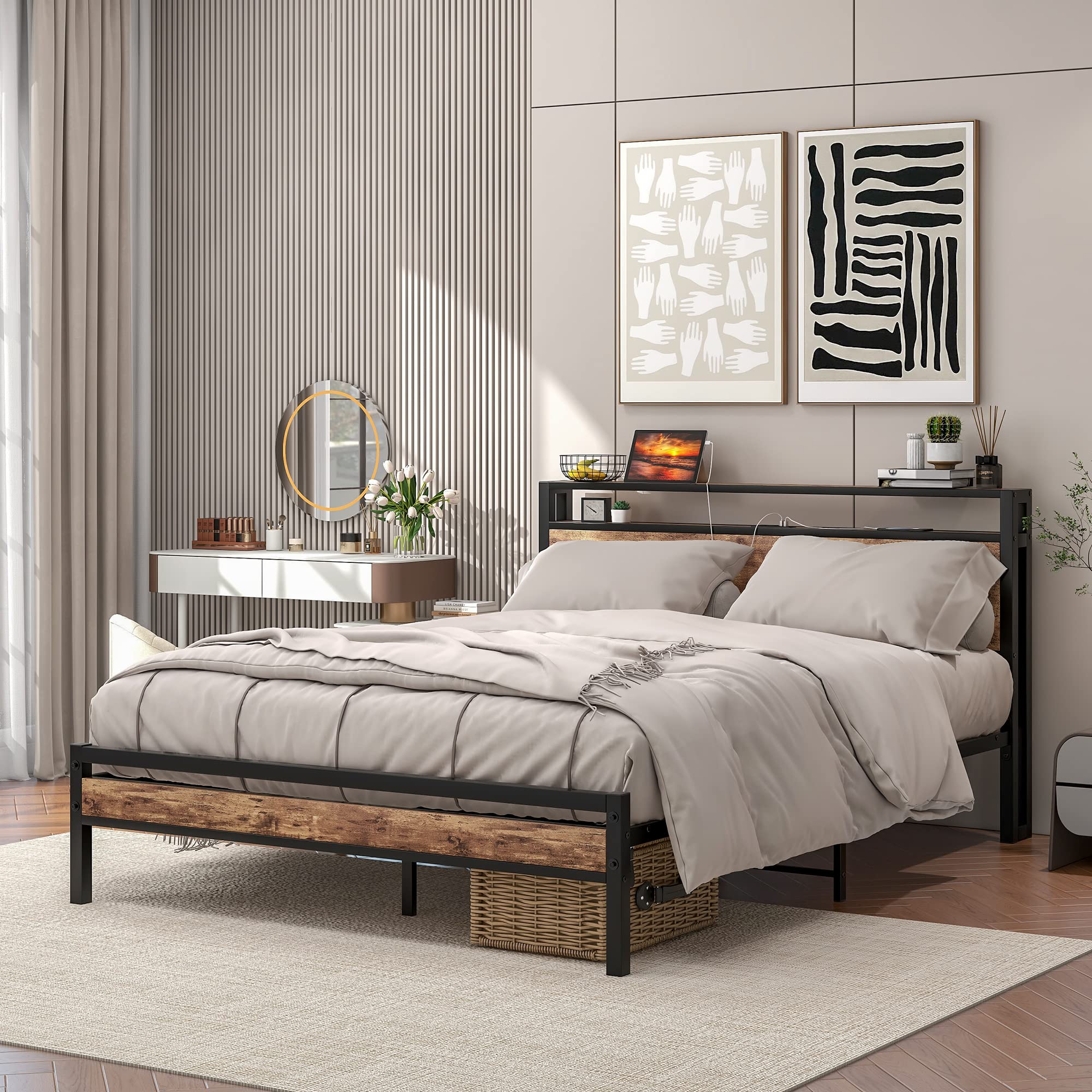BOFENG Black Queen Size Bed Frame with 2-Tier Storage Headboard & USB Charging Station - Heavy Duty Platform Bed with Under Bed Storage - No Box Spring Needed - Noise Free & Rustic Brown Finish - Perfect for Small Bedrooms, Guest Rooms & Modern Apartments