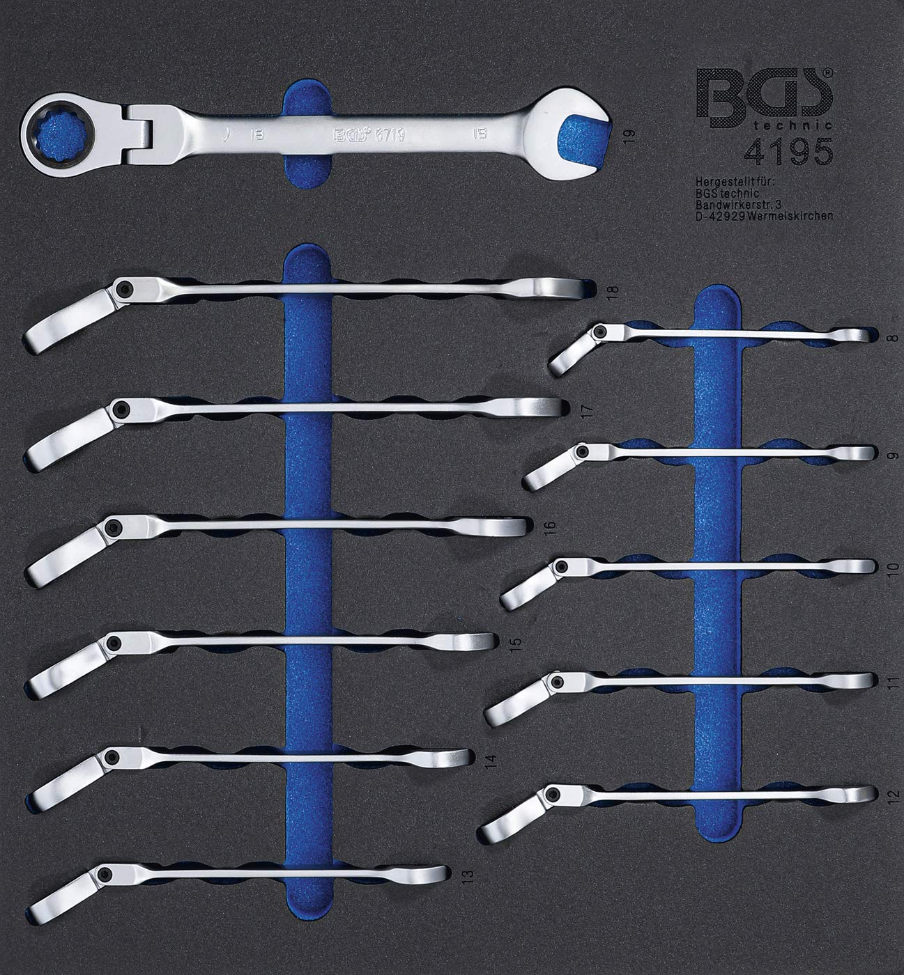 BGS 4195 Ratchet Combination Wrench Set - Adjustable 8-19mm (12-Piece) for Automotive Repair & DIY Projects | Professional Tool Tray Included