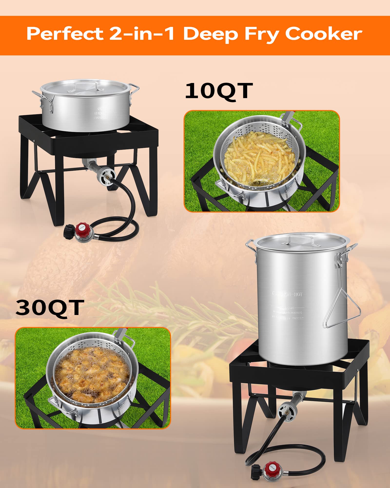 30QT + 10QT Turkey Fryer Propane Burner Kit [54,000 BTU] with Seafood Boil Pot & Basket - Outdoor Cooking Equipment for Thanksgiving, Camping, Backyard BBQs - 13 Inch Black
