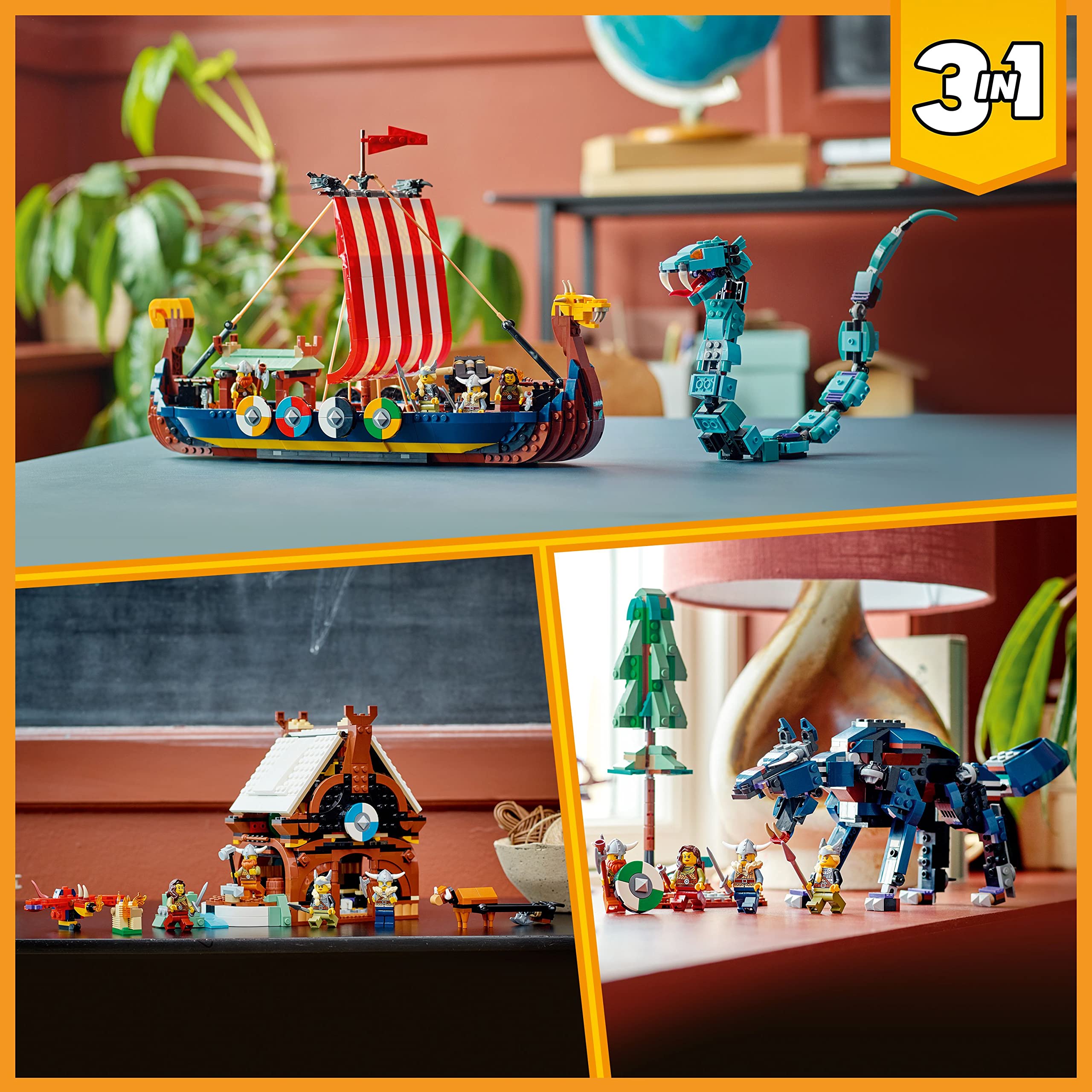 LEGO Creator 3-in-1 Viking Ship & Midgard Serpent Building Set - Convertible to Viking House or Fenris Wolf - Creative Construction Toy for Kids Ages 9+ - Perfect Gift for Boys & Girls - Fun Norse Mythology Adventure Play