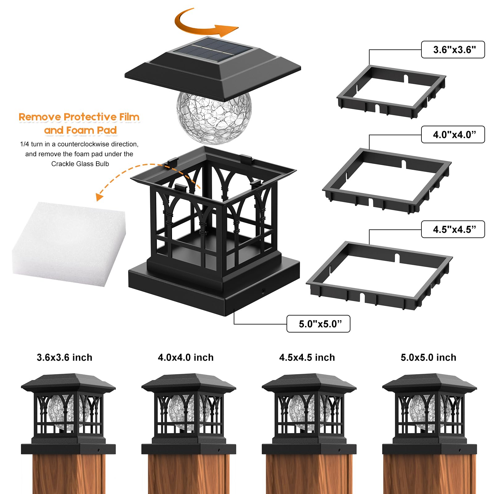 Solar Post Cap Lights - 12 Pack Black Crackle Glass Fence Lights, 20 Lumens Warm White & RGB Auto Color Changing, Waterproof for 3.6x3.6 to 5x5 Wood/Vinyl Posts - Perfect for Patio, Garden, Deck & Pathway Lighting