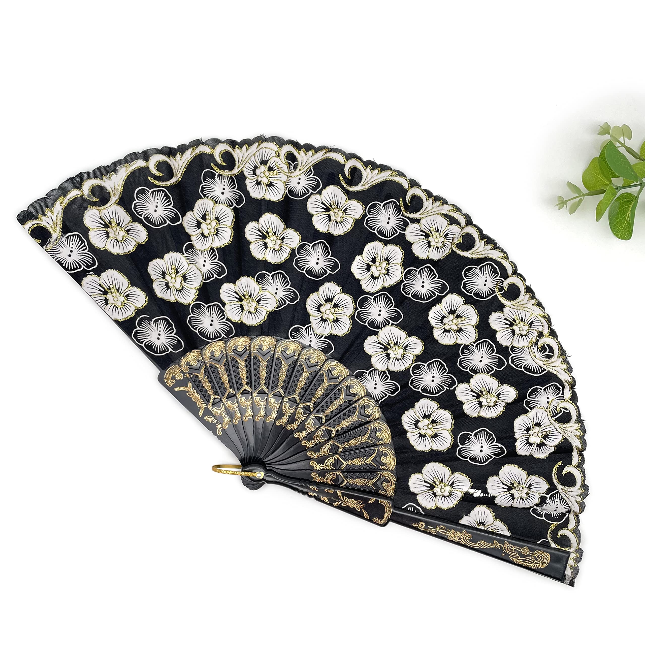 12 Pcs Glitter Floral Pattern Folding Fans - Elegant Black Gold Hand Fans for Wedding Decor, Party Supplies, Dance Performances & Home Wall Decoration - Perfect for Summer Events, Bridal Showers & Table Settings