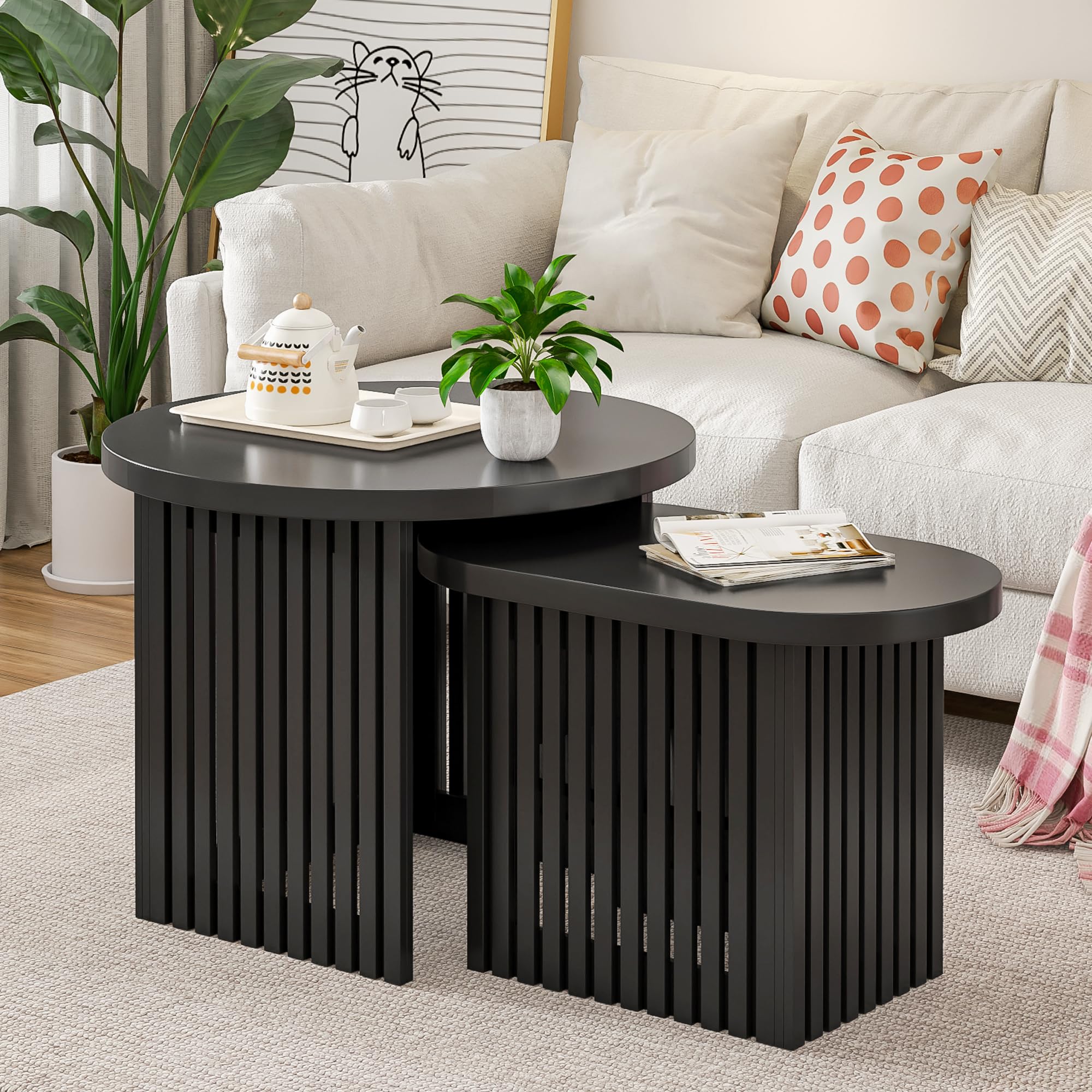 Modern Round Nesting Coffee Table Set of 2 with Storage Shelf & Fluted Panel - Black Wood Stacking Side Tables for Small Spaces - Perfect for Living Room, Bedroom & Apartment Decor