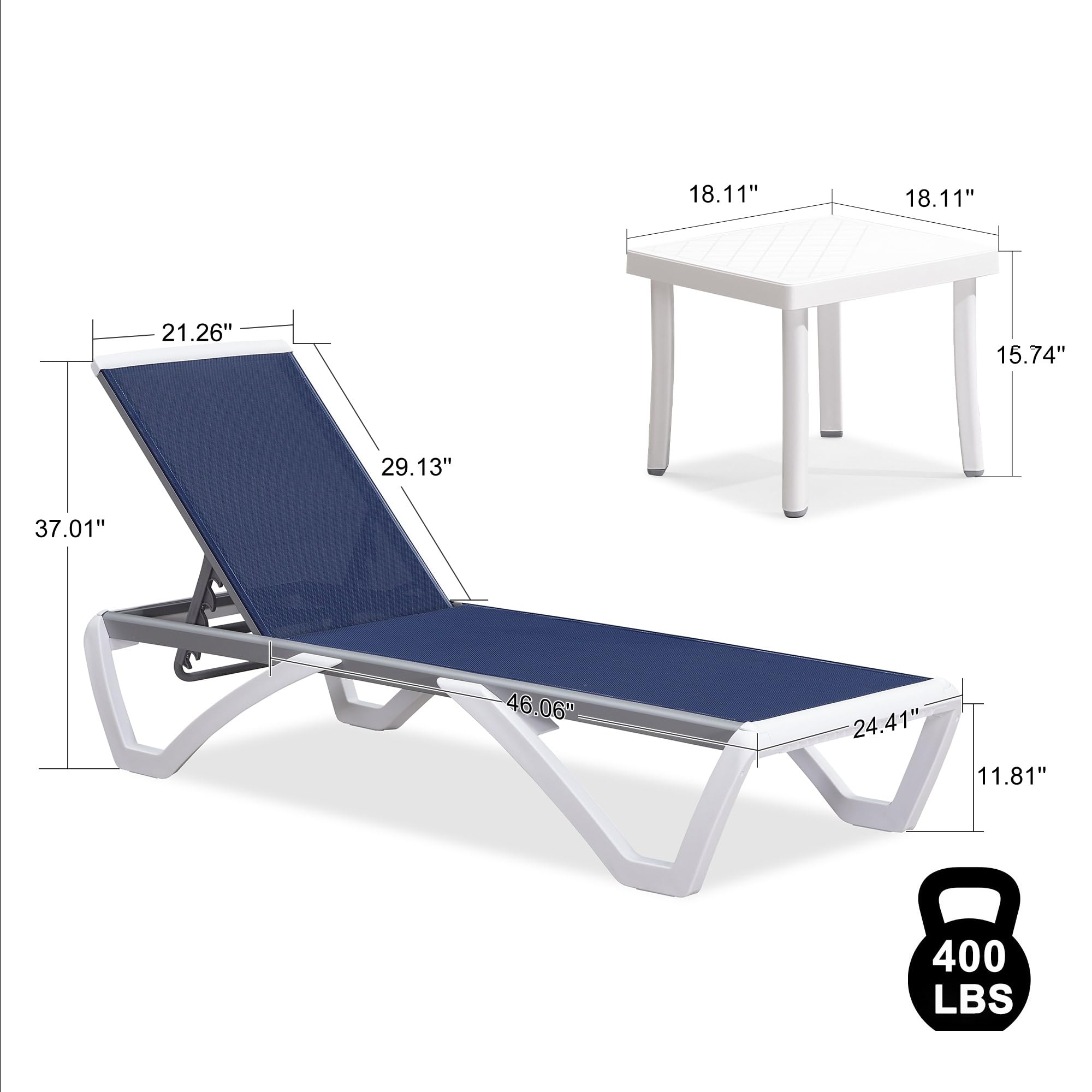PURPLE LEAF 3-Piece Patio Chaise Lounge Chair Set - Aluminum & Plastic Stackable Sun Loungers for Pool, Beach, Deck - Dark Blue Outdoor Tanning Chairs for Relaxing & Sunbathing