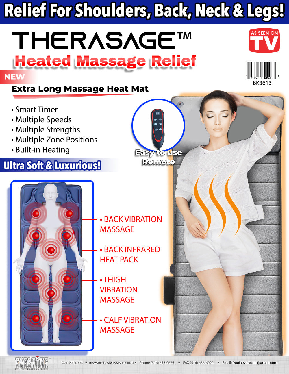 Therasage Extra Long Heated Massage Mat for Back Pain Relief - Large Electric Heating Pad with 6 Heat Settings - Perfect for Home, Office & Physical Therapy Use