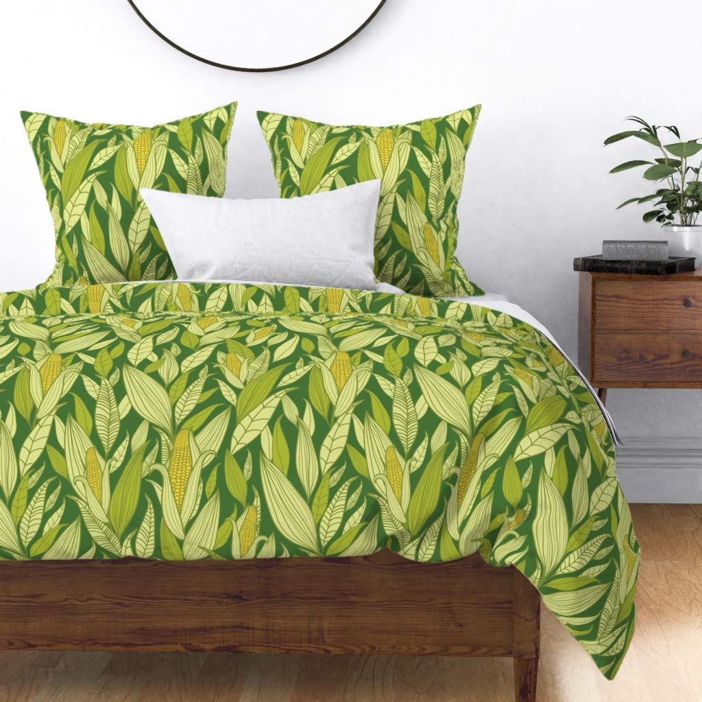 Premium Spoonflower Cotton Sateen Duvet Cover - Full/Queen Size with Corn Leaf Vegetable Print | Custom Farmhouse Bedding for Cozy Bedroom Decor