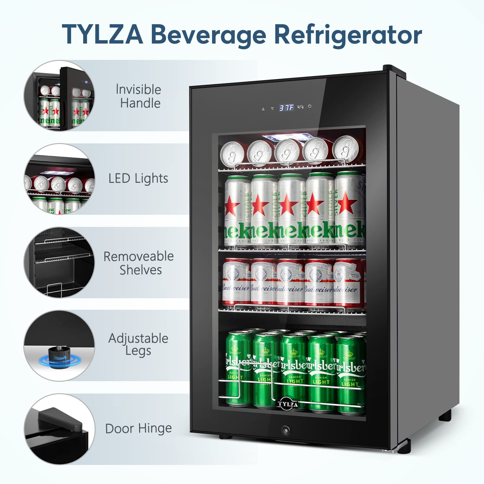 Tylza Mini Beverage Refrigerator - 101 Can Capacity Freestanding Drink Cooler with Glass Door for Soda, Beer, Wine & Water - Compact Mini Fridge with White LED Light for Home, Office, Bar or Dorm Room - Energy Efficient & Quiet Operation