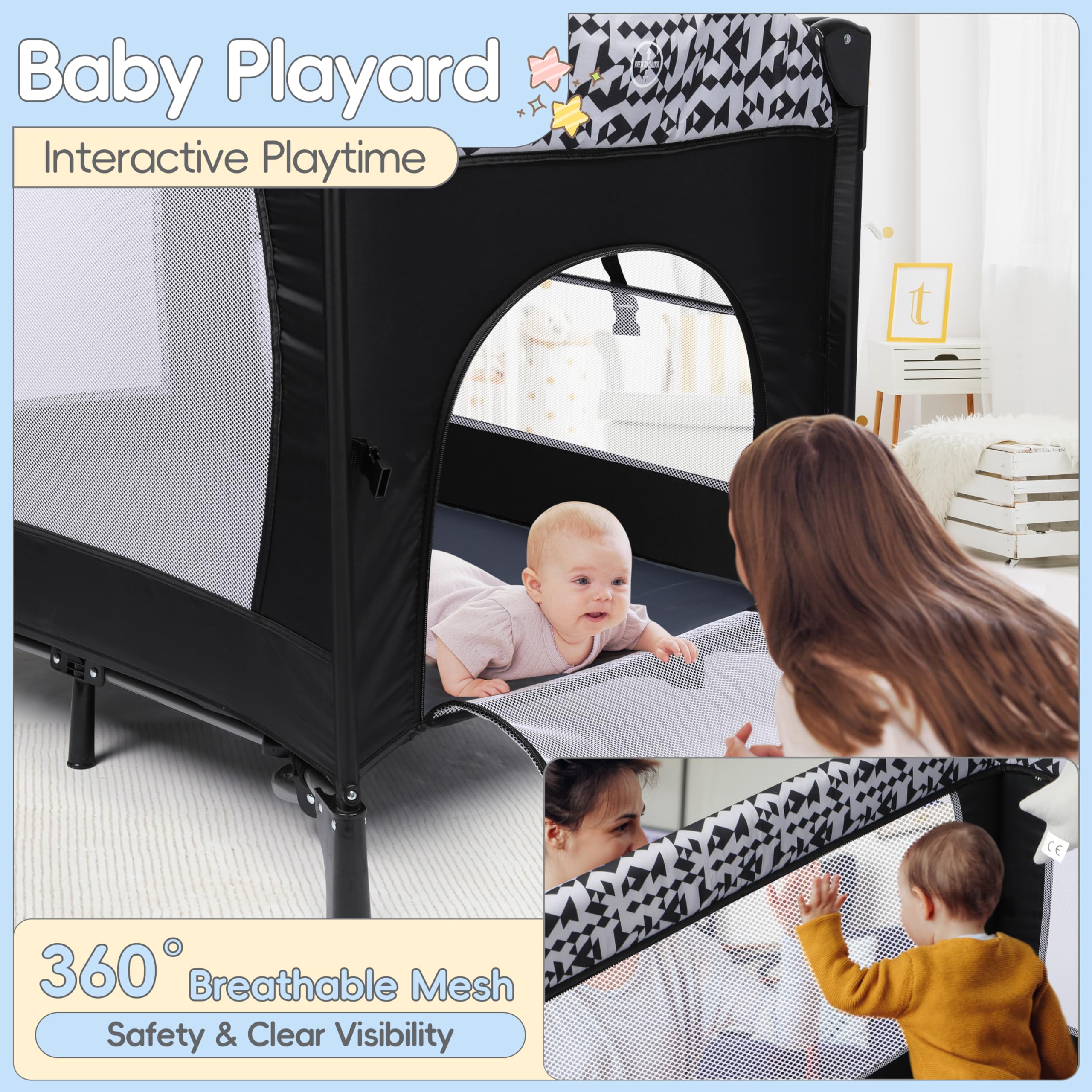 Xilingol 5-in-1 Portable Baby Playard with Bassinet, Bedside Sleeper, Diaper Changer, Storage Bag & Soothing Music Box - Foldable Travel Crib with Carry Bag for Newborns to Toddlers - Perfect for Nursery, Bedroom & On-the-Go Parenting